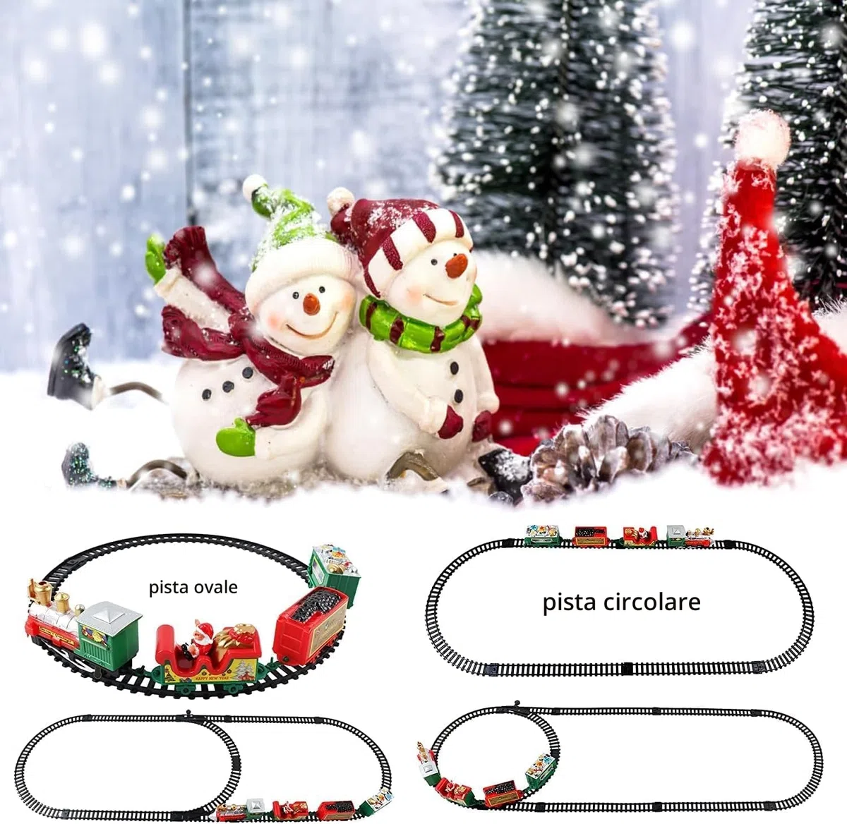 Trenino Natalizio Elettrico per Bambini, Treno con 4 Vagoni e Slitta Babbo Natale, Giocattolo Decorazione Albero di Natale, Pista Circolare 168 cm, Bambini