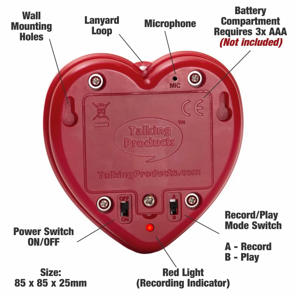Prodotti parlanti, pulsante audio registrabile Talking Heart Voice, 2 minuti. Crea il tuo orsetto della memoria personalizzato,il peluche parlante o il ricordo del battito cardiaco del bambino (rosso)