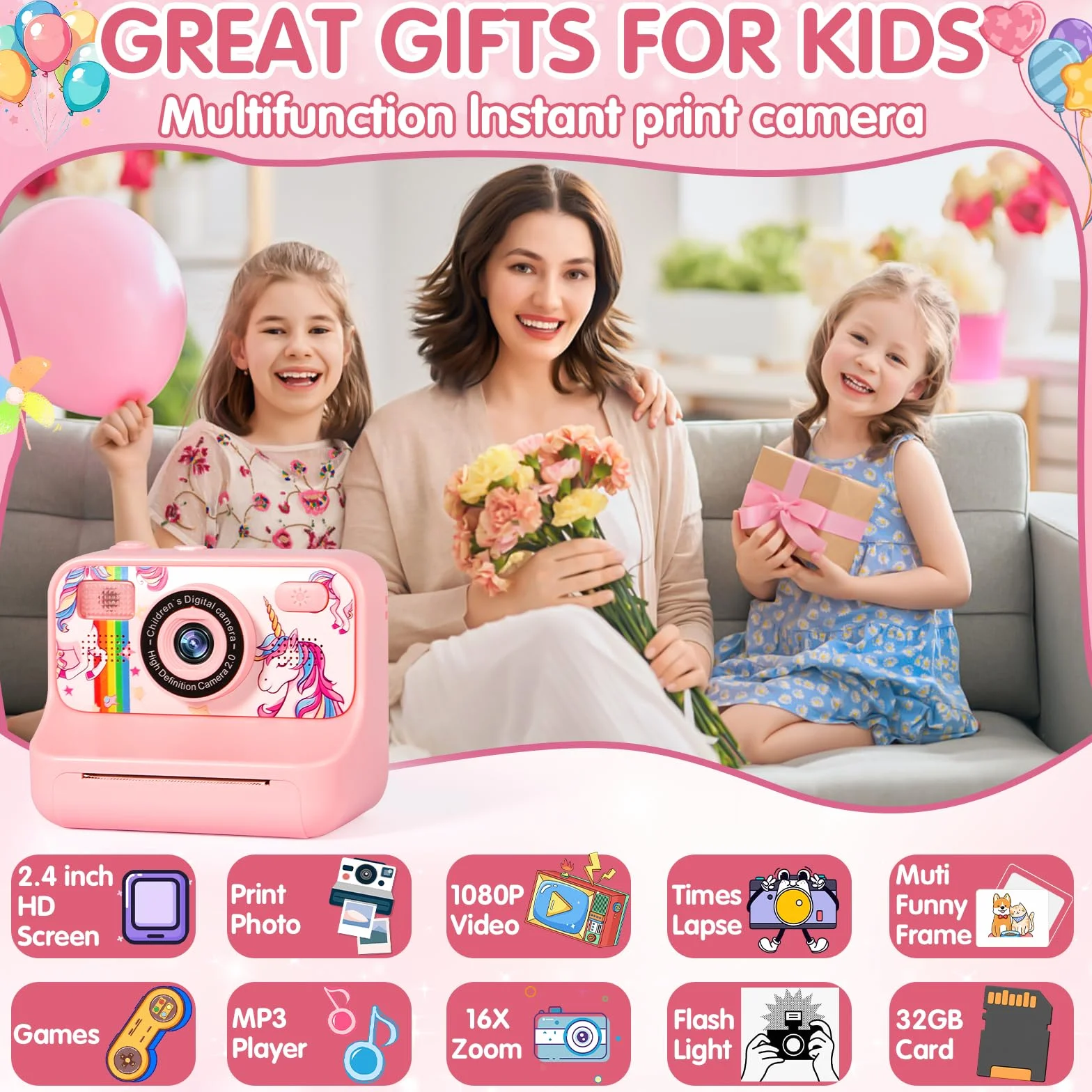 Macchina Fotografica Bambini Istantanea, 2.4" 1080P Fotocamera Bambini con 32 GB Schede e Carta da Stampa, Macchina Fotografica Bambino, 180 °Flip Len,Regali per Ragazzi Ragazze da 3-12 Anni