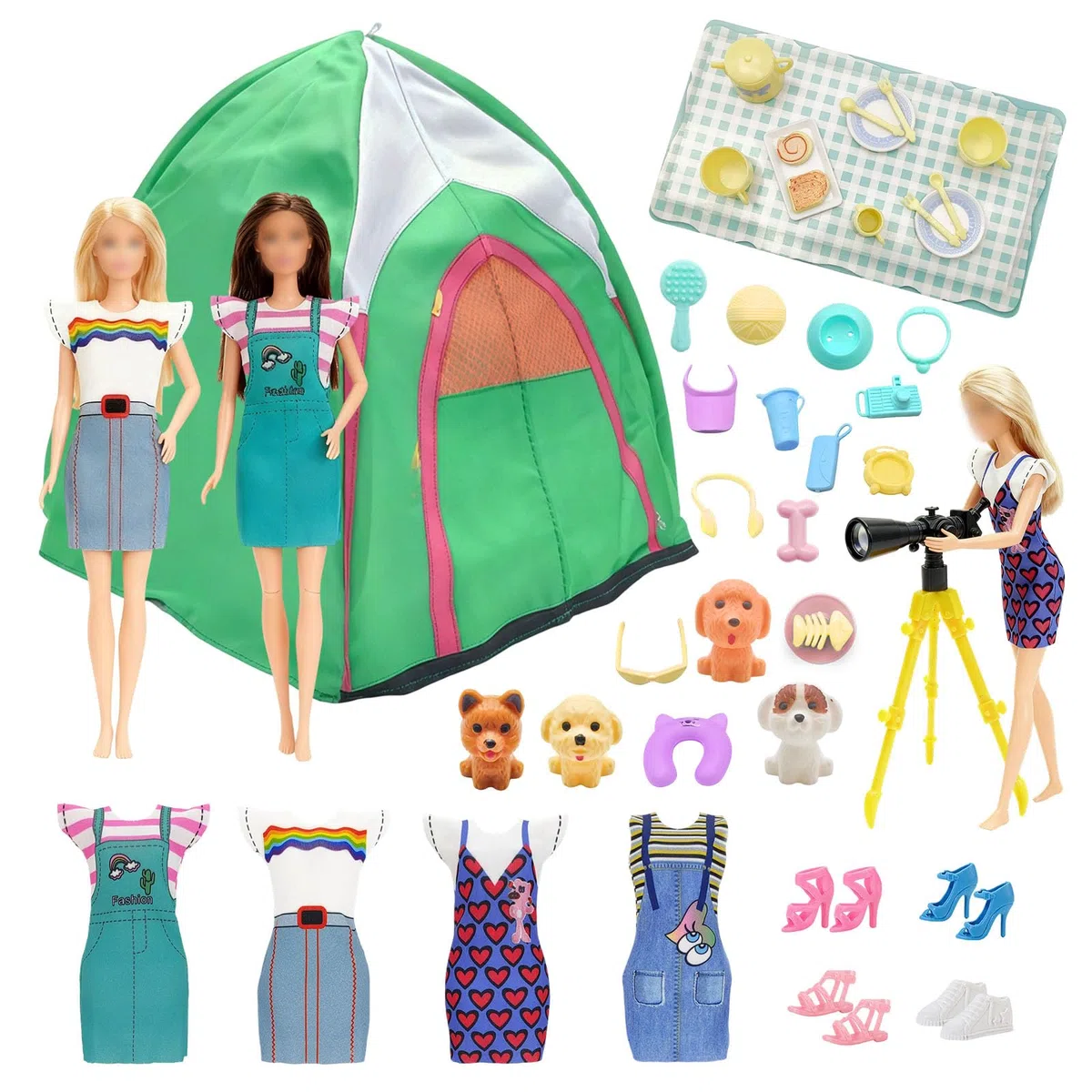 43 pezzi set di abbigliamento da campeggio compatibili con Barbie, accessori per bambole da 29,2 cm: 1 tenda per bambole, 4 vestiti, 4 scarpe, 4 cuccioli, 7 animali domestici, 1 accessorio binocolo
