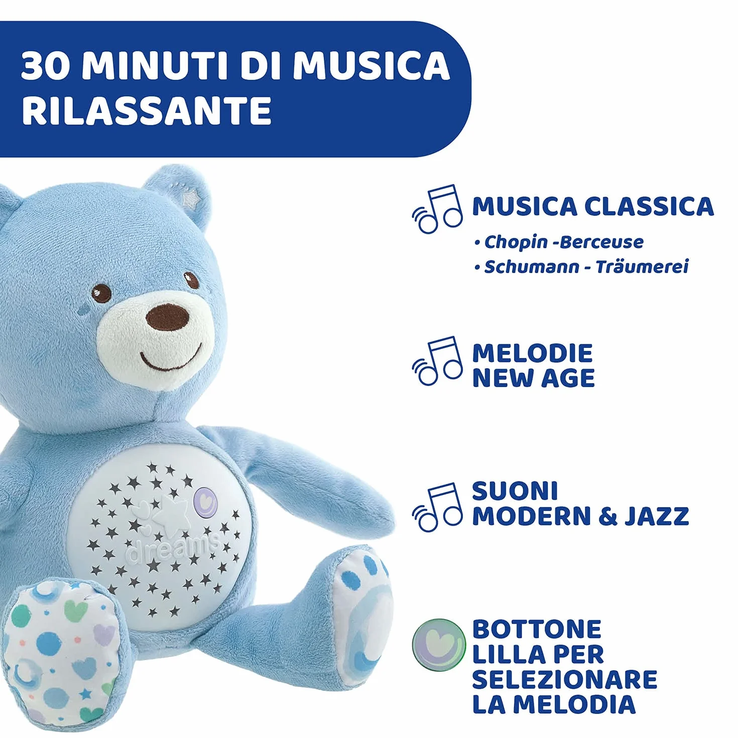 Chicco First Dreams Orsacchiotto Peluche Baby Bear, Soffice Pupazzo Proiettore con Luce Notturna Bambini, Effetti Luminosi e Rilassanti Melodie, Azzurro - Giochi Neonato 0 Mesi +