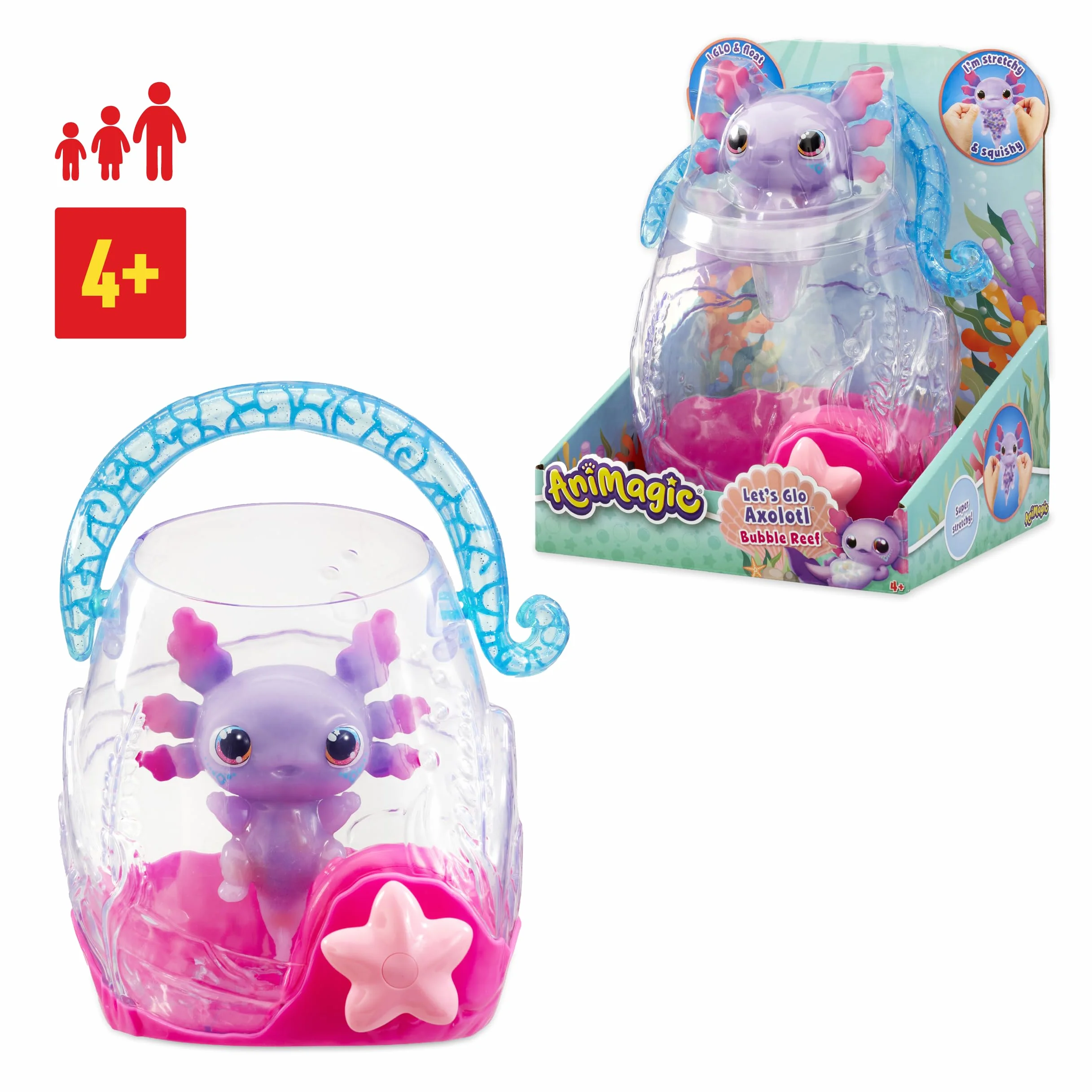 Animagic - Acquario Axolotl - Trasporta Il Tuo Axolotl Flessibile e Luminoso - per Bambini dai 4 Anni - Gioco Sensoriale e Interattivo - Premi la Stella per Interagire con Il Tuo Animale Luminoso