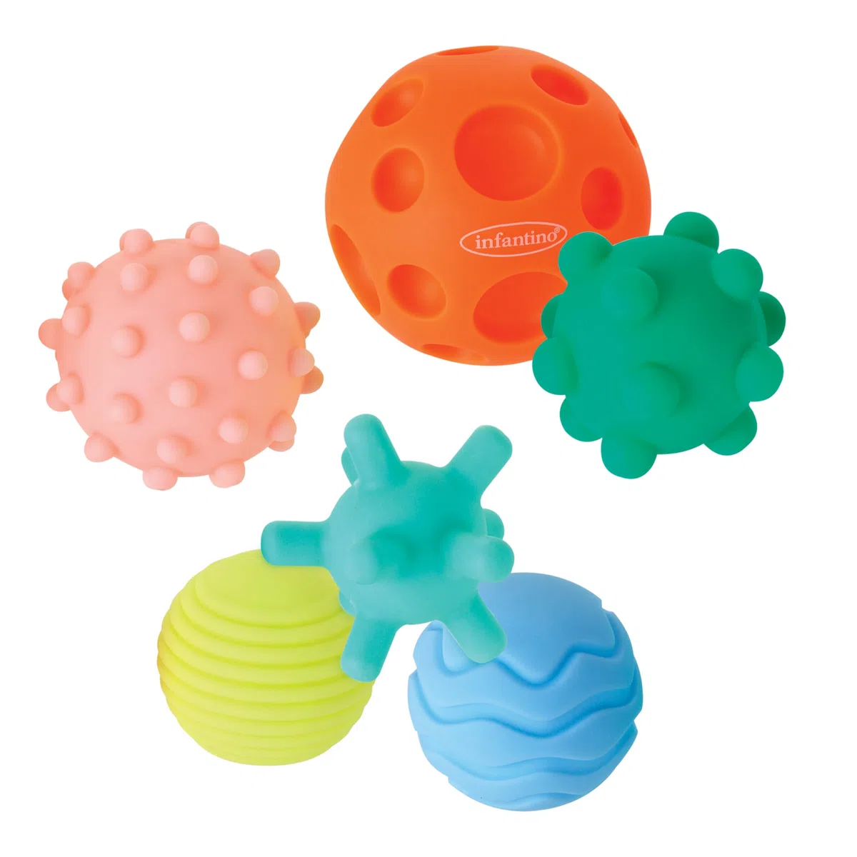 Infantino Set di 6 palline testurizzate per neonati e bambini piccoli, giocattoli sensoriali, capacità motorie, colori e forme multiple, senza BPA, a partire da 6 mesi