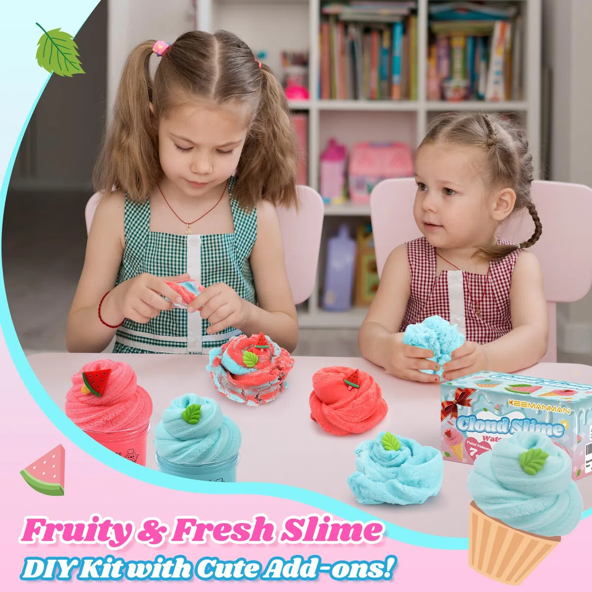 Set Slime Nuvola 2 Pezzi con Charms Anguria Rossa e Menta – Slime Profumato Fai-da-Te per Bambini e Bambine – Giocattolo Antistress Educativo – Regalo di Compleanno e Festa