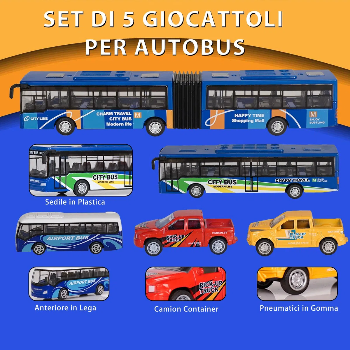 VBACALA Set Autobus Giocattolo per Bambini 5 Pezzi con Autobus Urbano,per l'Aeroporto,Articolato Metropolitana e Mini Pickup Camion,Funzione Pull-Back Veicoli Giocattolo,Regalo di per 3+ Bambini