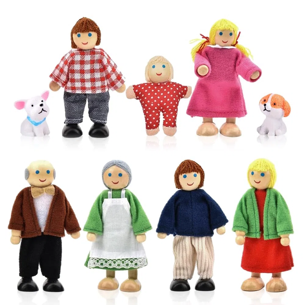 9 Pezzi Famiglia Di Bambole Di Legno, Casa Delle Bambole In Finta Accessori Di Legno Piccole Con Cane Miniature Pupazzi Flessibili