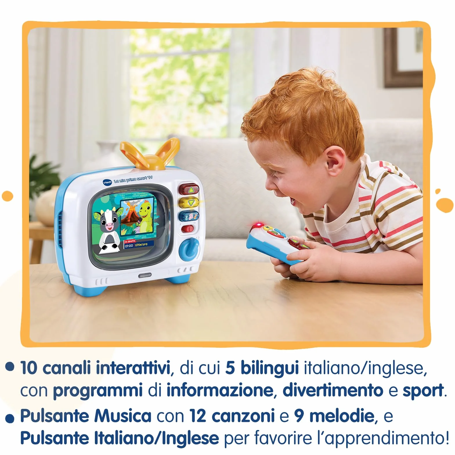 VTech La Mia Prima Smart TV, Televisione Interattiva per Bambini, Telecomando Interattivo Incluso, 10 Canali, 5 Canali Bilingue Italiano e Inglese, Spegnimento Automatico, Batterie Incluse, 12-36 Mesi