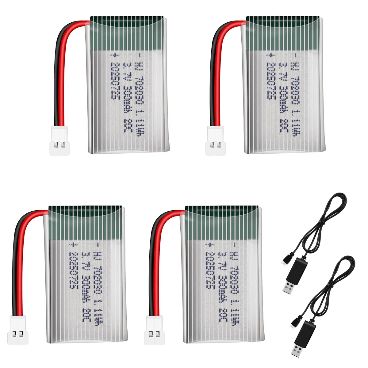 4 Pezzi di Batteria Lipo da 3.7 V, 300 mAh Batterie Lipo, per Aereo RC Elicottero Drone Tutti i Modelli e Giocattoli (37 x 20 x 8 mm, XH2.54 Connettore)