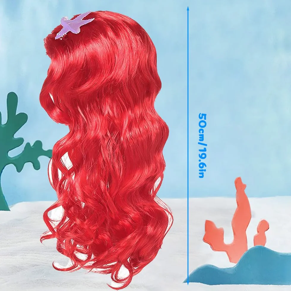 Parrucca per bambini a forma di sirena, parrucca Arielle, accessorio per costume per bambini, rossa, per carnevale, feste a tema, cosplay