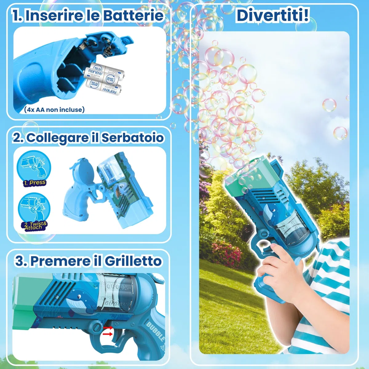 Blubbel Sparabolle di Sapone LED, Pistola Giochi, Macchina Automatica, Bubble Gun, Cannone d’Aria, Giocattolo Matrimonio, Regalo Estivo Bambini, 120ml Liquido Incluso