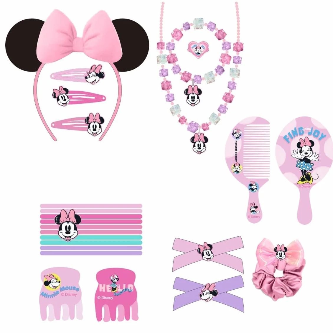 Set di bellezza di Minnie Mouse - Include 1 elastico in tessuto, 10 elastici, 2 pinzette, 3 forcine, 2 spazzole, 1 fascia, 1 collana, 1 bracciale e 1 anello - Prodotto originale progettato in Spagna