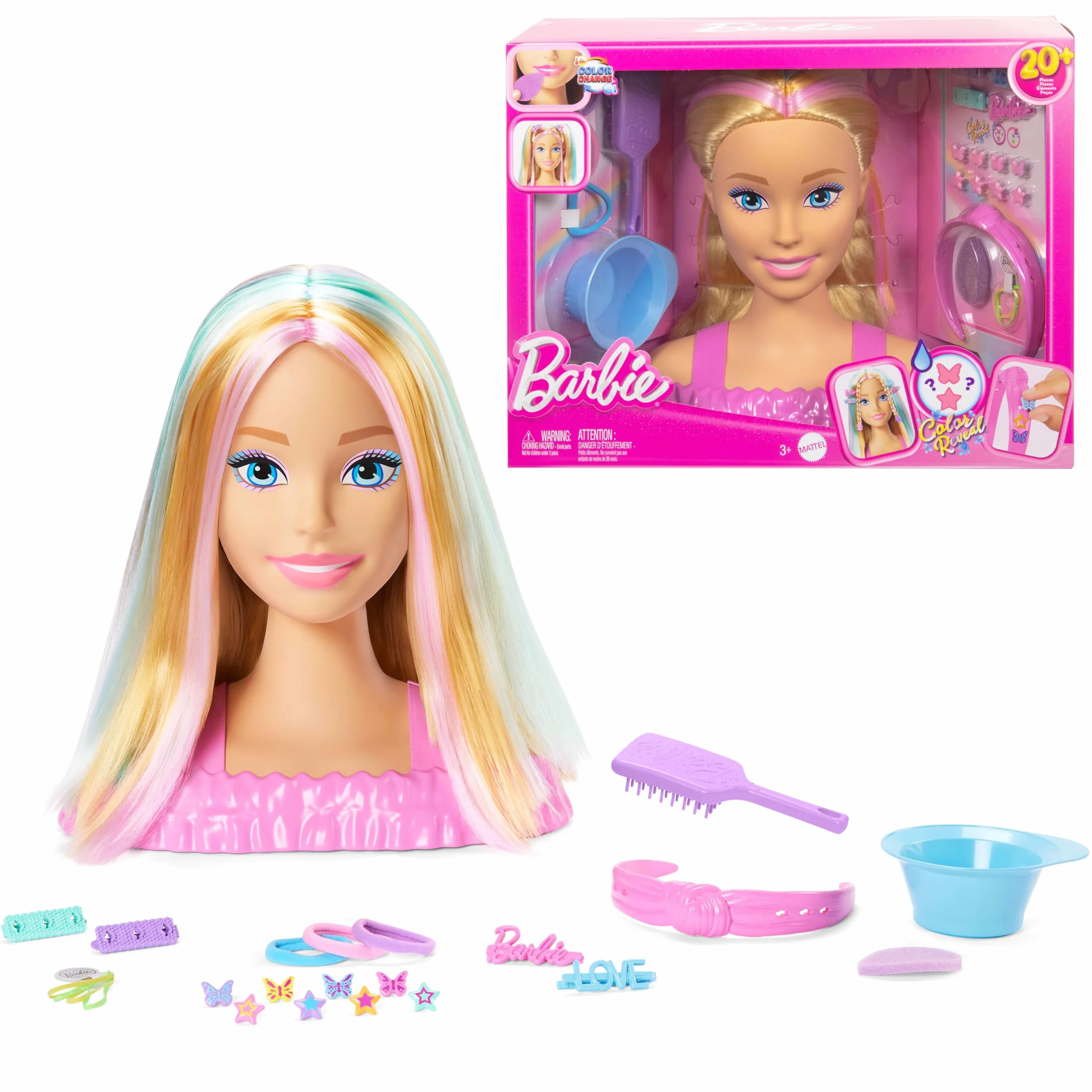 Barbie - Styling Head Deluxe, capelli biondi con oltre 20 accessori per acconciature, fermagli per capelli a stella o farfalla cambia colore, giocattolo per bambini, 3+ anni, JFG81