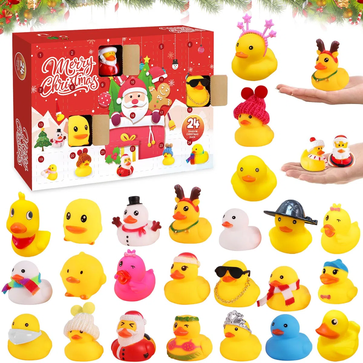 Calendario dell'Avvento natalizio, 24 pezzi, anatre di gomma, calendario dell'Avvento per bambini, 24 giorni, conto alla rovescia, guinzaglio giallo anatra, regalo di Natale per ragazzi e ragazze