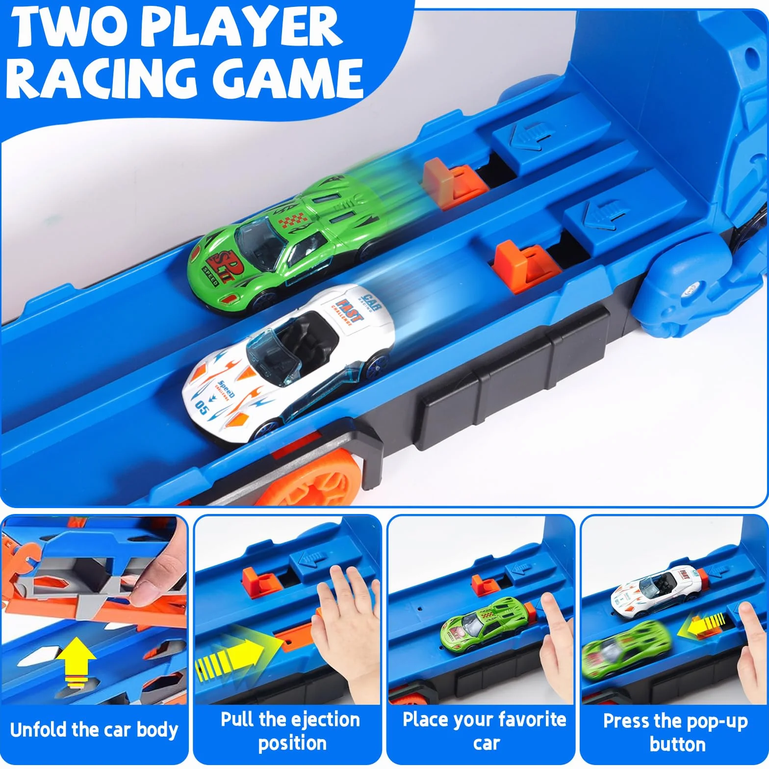 Camion dei Trasporti Dinosauro Giocattolo per Bambini, Giocattolo 3 in 1 con Pista Piegevole e Lanciatore, Camion Portatile con 12 Auto da Corsa, Regalo per Bambini di 3 4 5 6 7 8 Anni