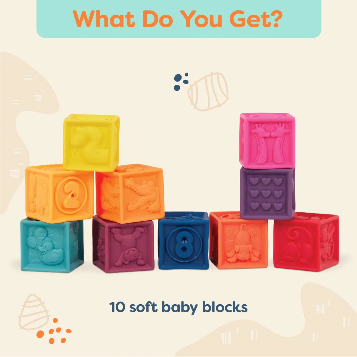 B. toys - Uno due spremute - Blocchi per bambini - Giocattolo da impilare e costruire per bambini - 10 blocchi morbidi ed educativi - Numeri, forme, colori, animali - 6 mesi +
