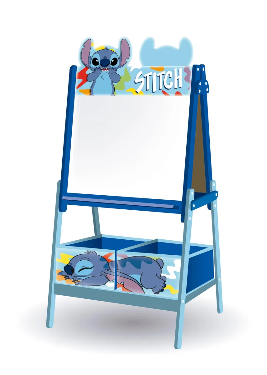 ARDITEX - Lavagna per bambini di Disney Stitch con doppia superficie per gessetti e pennarelli e 2 contenitori in tessuto per riporre oggetti - 54x45x117cm - Contenitori da 24x30x15cm - blu