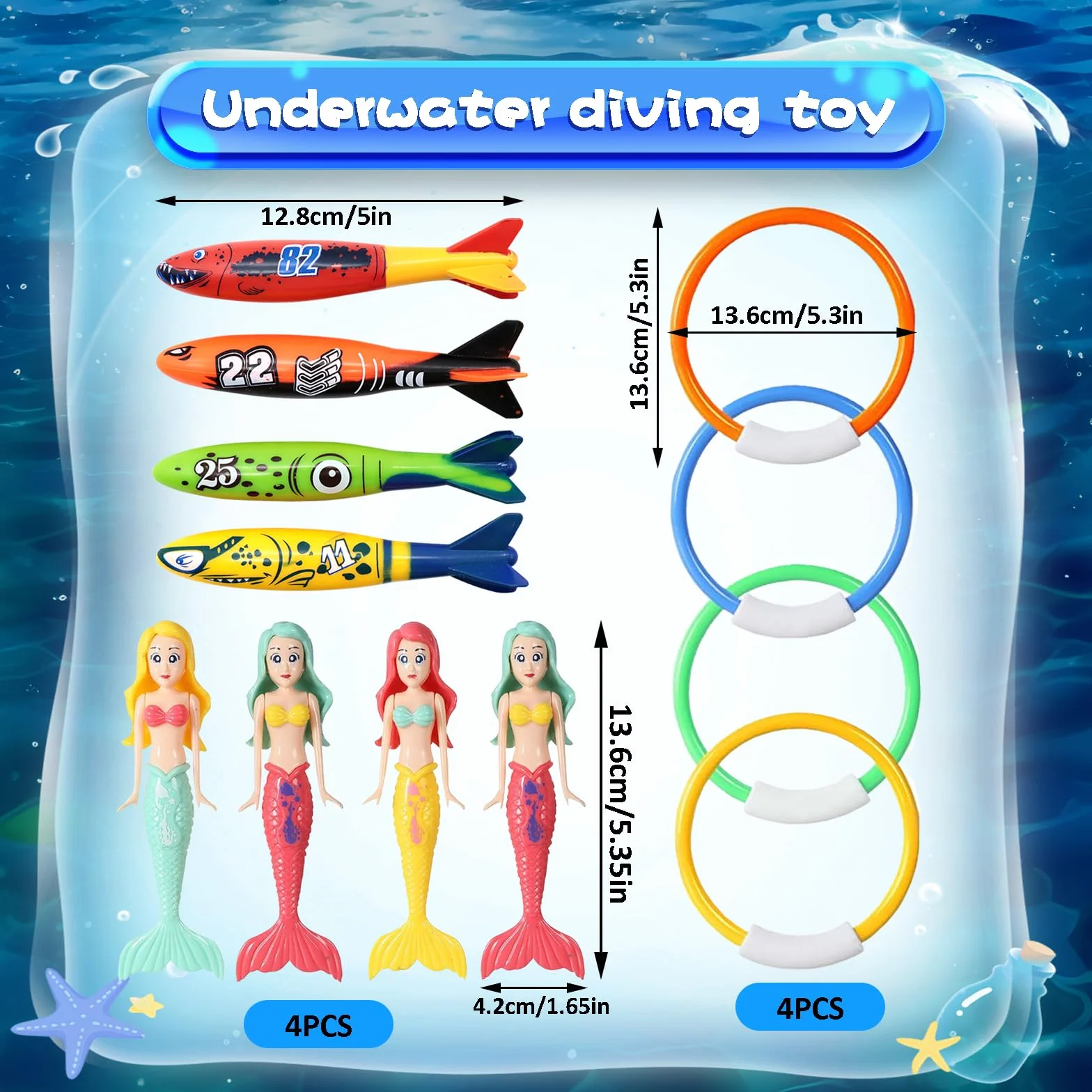 Set di giocattoli per immersioni subacquee, 12 pezzi, anelli per immersioni per bambini dai 4 ai 12 anni, siluri colorati e set di sirene subacquee, regalo per festa di piscina estiva per