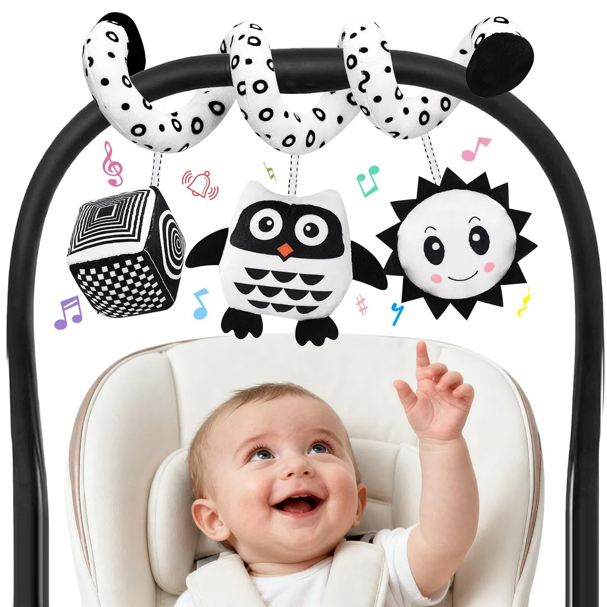 Giocattolo per Passeggino, Giocattolo di Peluche Sospeso a Contrasto Bianco E Nero per Culla/Seggiolino Auto/Marsupio, Giocattolo Baby Activity Spiral con Musica, Adatto a Bambini da 0 a 6 Mesi