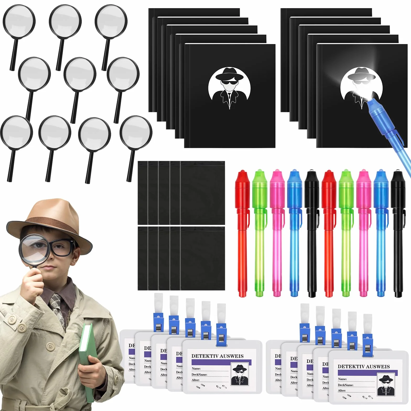 Bambini Giocattolo Detective 50 Pezzi, Penna UV Taccuino Carte D'Identità Lente D'Ingrandimento, Kit Spionaggio Gioco di Ruolo Regali di Compleanno