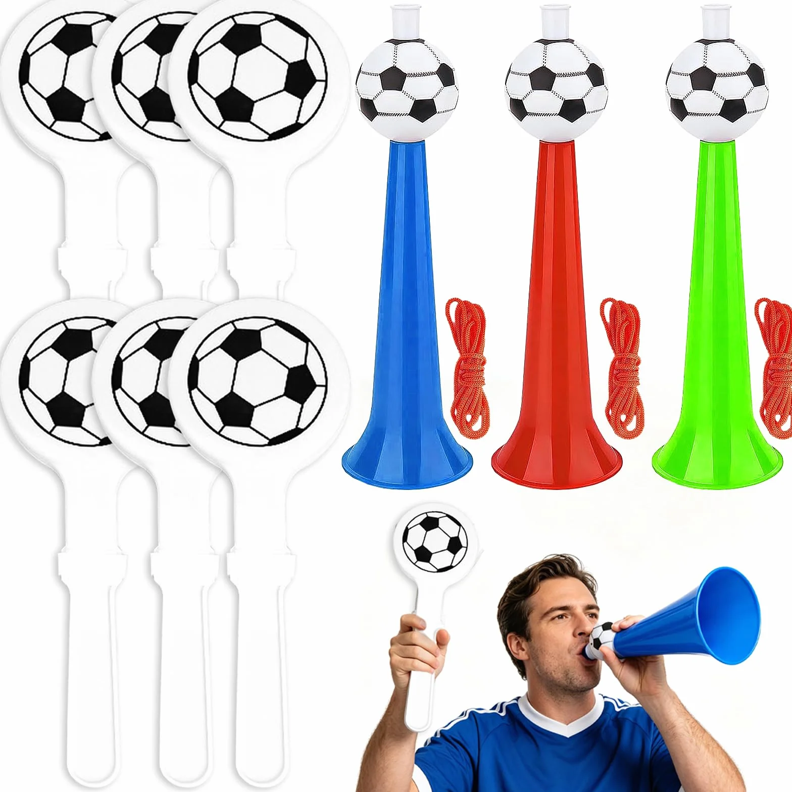 3 Vuvuzela a Forma di Pallone da Calcio con 6 Clap-main de football, corni da calcio, Trombe da Stadio per Eventi Sportivi, Tornei di Calcio, Basket trombette festa compleanno