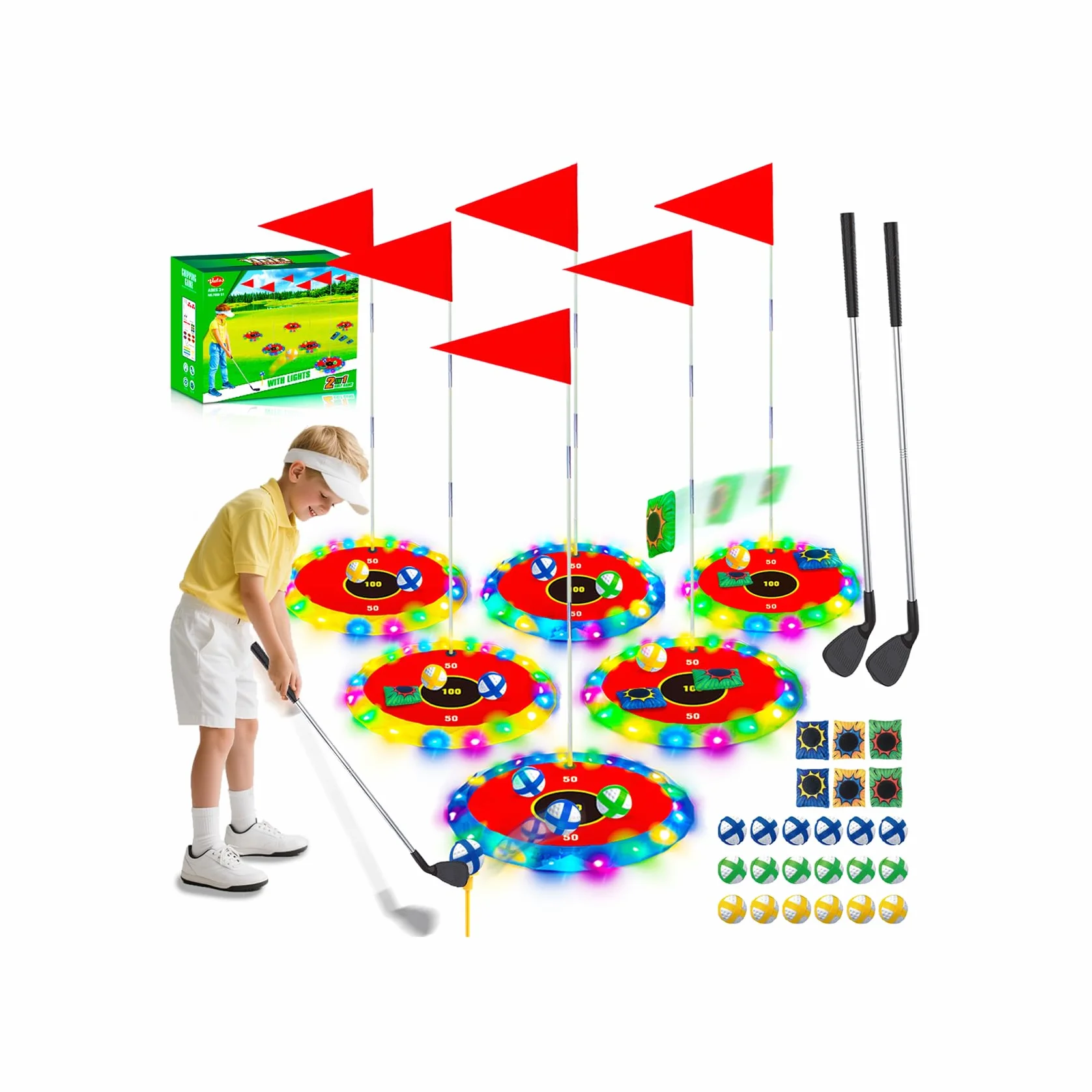 VATOS 2-in-1 Golf con luci per bambini - Gioco di chipping e lancio di borse con 6 bersagli LED, 2 mazze, 18 palline, golf notturno per feste in interni ed esterni, regali sportivi per bambini di età