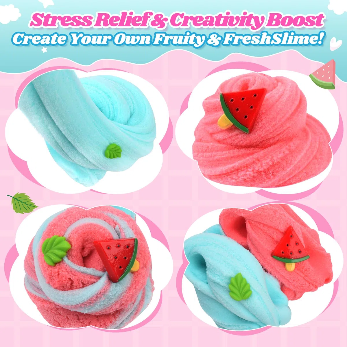 Set Slime Nuvola 2 Pezzi con Charms Anguria Rossa e Menta – Slime Profumato Fai-da-Te per Bambini e Bambine – Giocattolo Antistress Educativo – Regalo di Compleanno e Festa