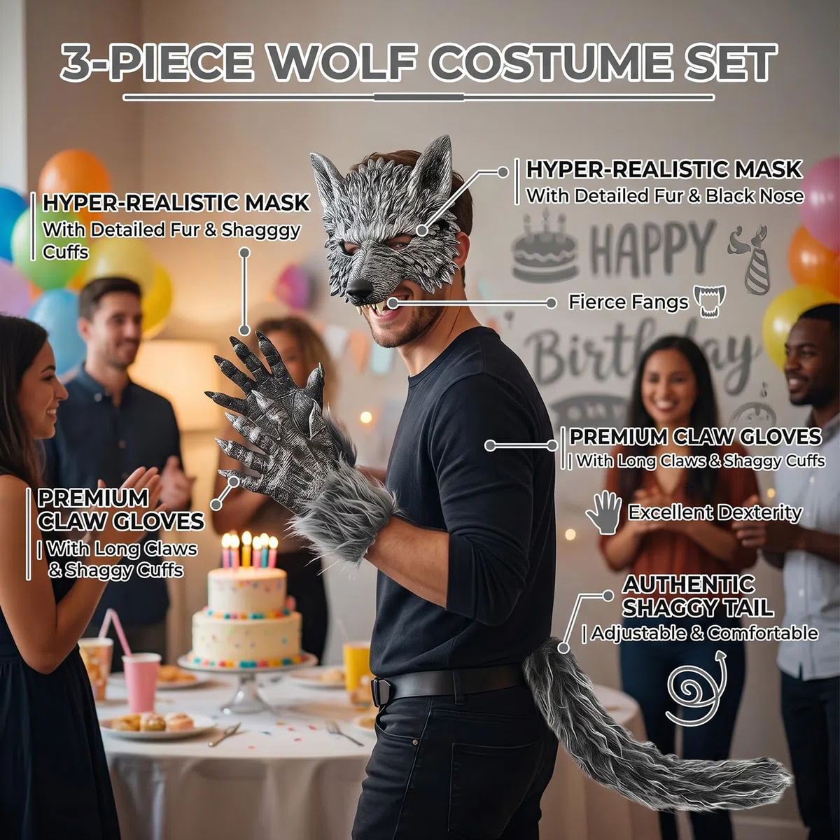 Costume da lupo per cosplay, maschera di lupo con coda di volpe, guanti, costume di carnevale per feste di Halloween