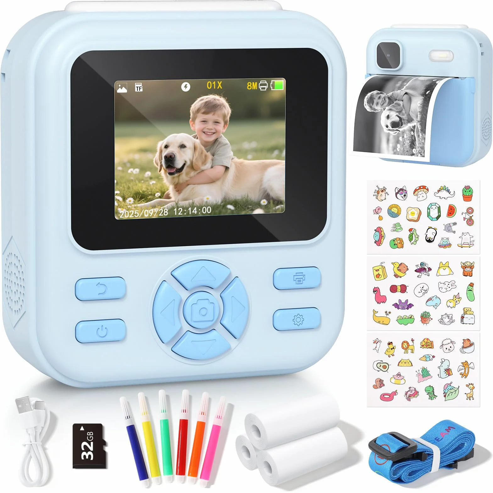 YOHOOLYO Macchina Fotografica Bambini Istantanea 2.4 Pollici, 1080P HD con scheda SD da 32GB, 6 penne colorate e 3 rotoli di carta da stampa, regalo per bambini da 3 a 14 anni-Rosa (Blu)