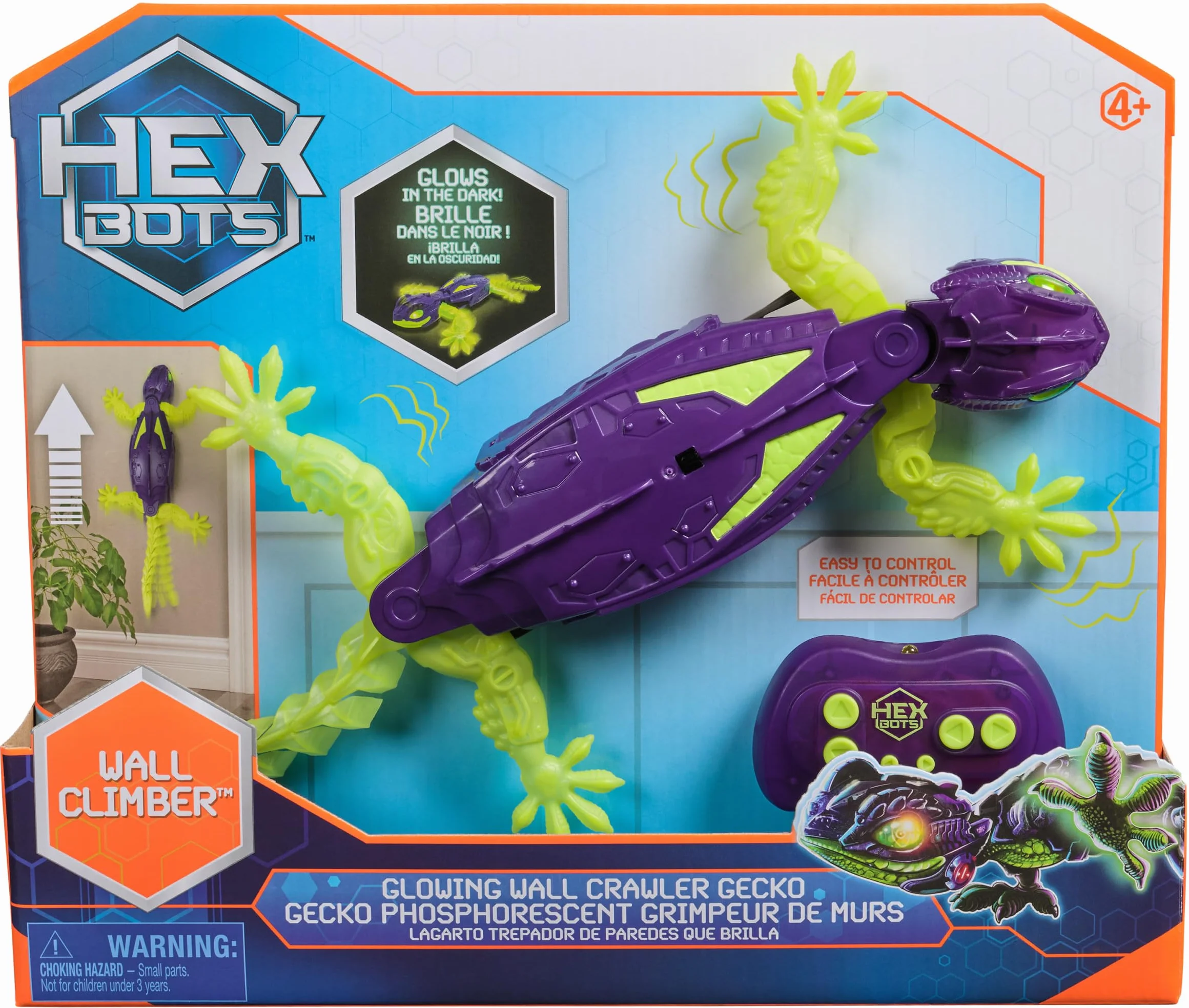 HEX BOTS Glow-in-The-Dark Gecko, Robot Radiocomandato Ricaricabile, Giocattolo Che Si Arrampica sulle Pareti, Fluorescente al Buio, 4+ Anni, Multicolore, 6075451