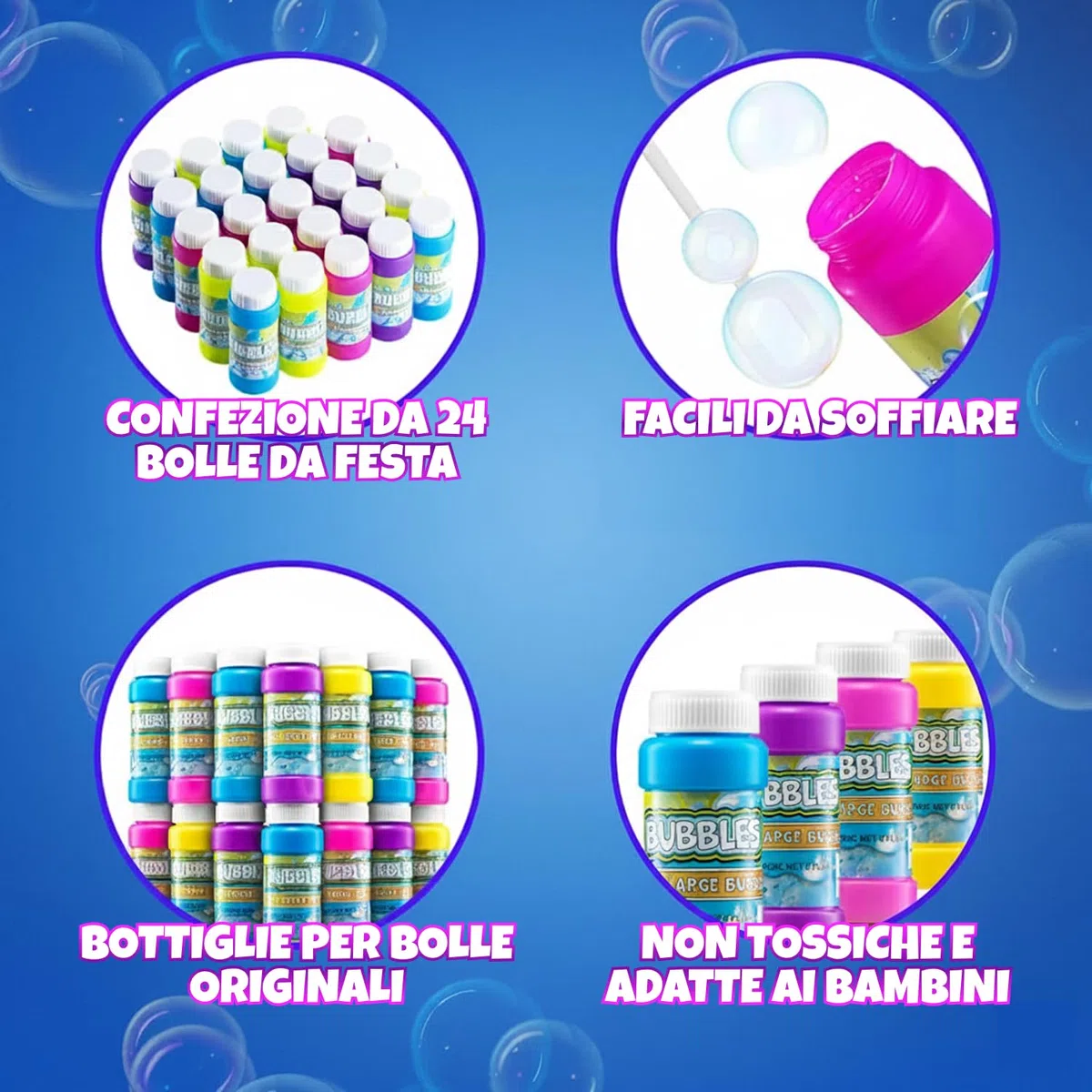 Bolle di sapone per bambini – Confezione da 24, 59,1 ml con bacchette, colori neon assortiti per giochi all'aperto, feste di compleanno e sacchetti regalo