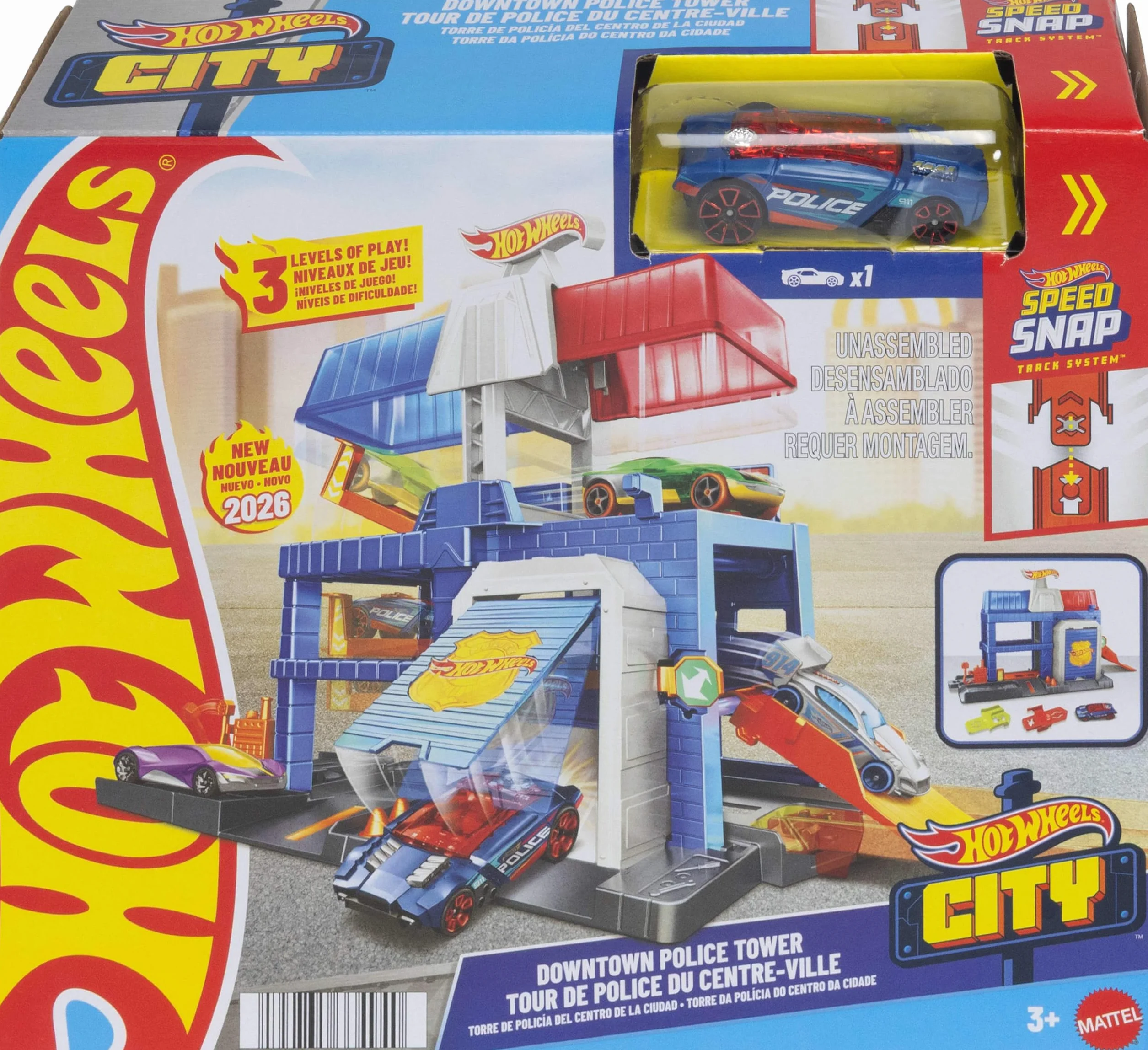 Hot Wheels - Torre di Polizia, set espandibile a tre piani con veicolo della polizia incluso, pista collegabile con sistema Speed Snap completa di rampe e deviatori, 3+ anni, JHL74