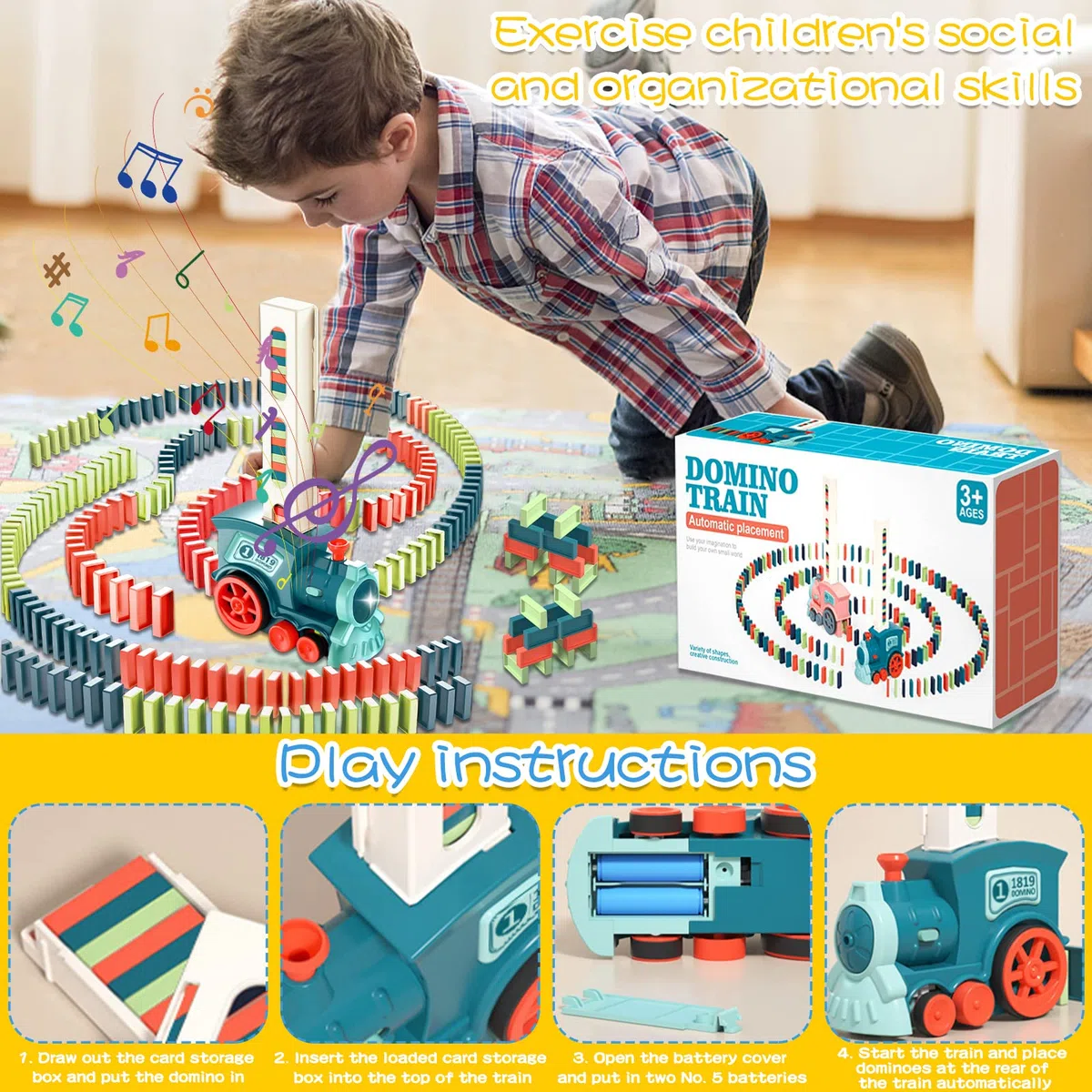 Set Treno Domino Automatico con 160 Blocchi. Trenino Elettrico con Luci e Suoni, Divertente e Colorato per Giocattoli di 3 4 5 Anni (blu)