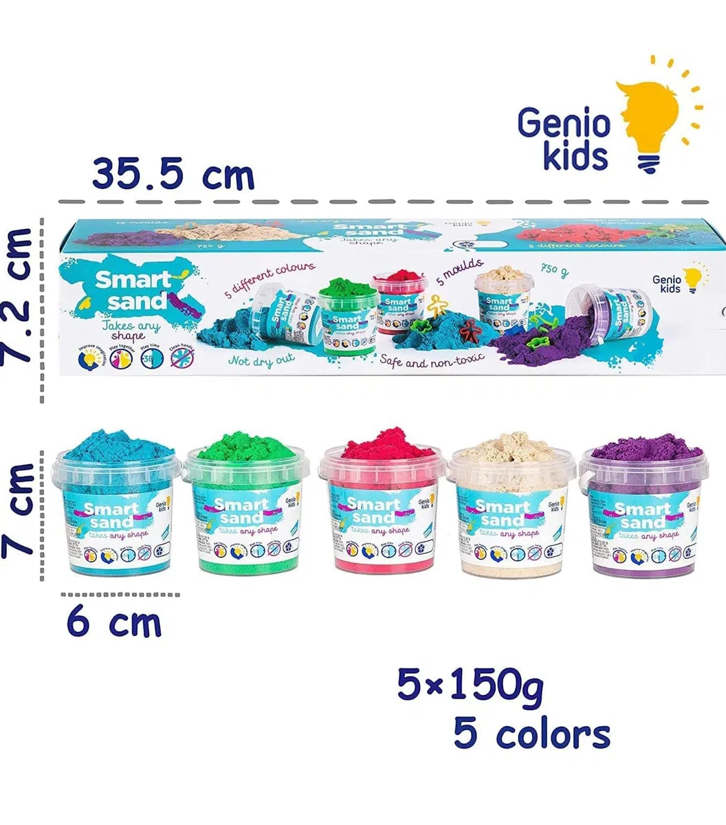 Set Sabbia Magica per Bambini 0,75 kg, Naturale Sabbia Colorata di 1kg in 5 colori: naturale, rosa, verde, blu, viola, con Formine, Regalo per Bambini (Classic)