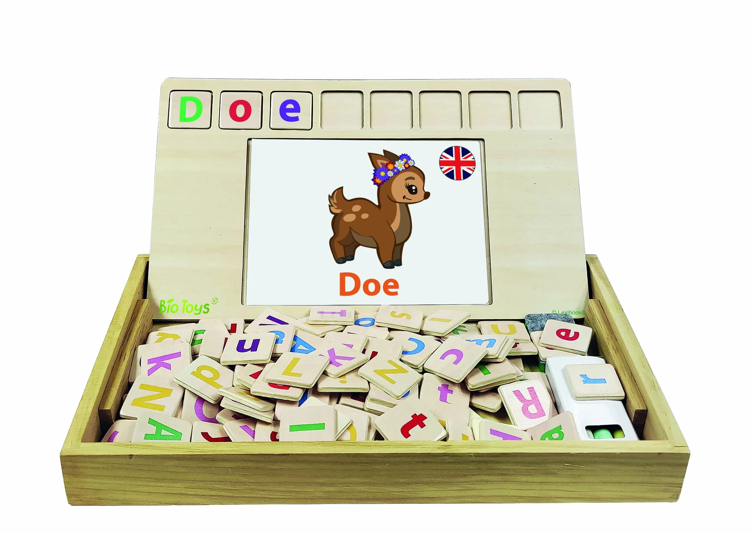 Lexibook, Bio Toys, Scuola di parole, bilingue italiano/inglese, gioco in legno, 50 carte parola, alfabeto, gioco educativo, EDU100i5