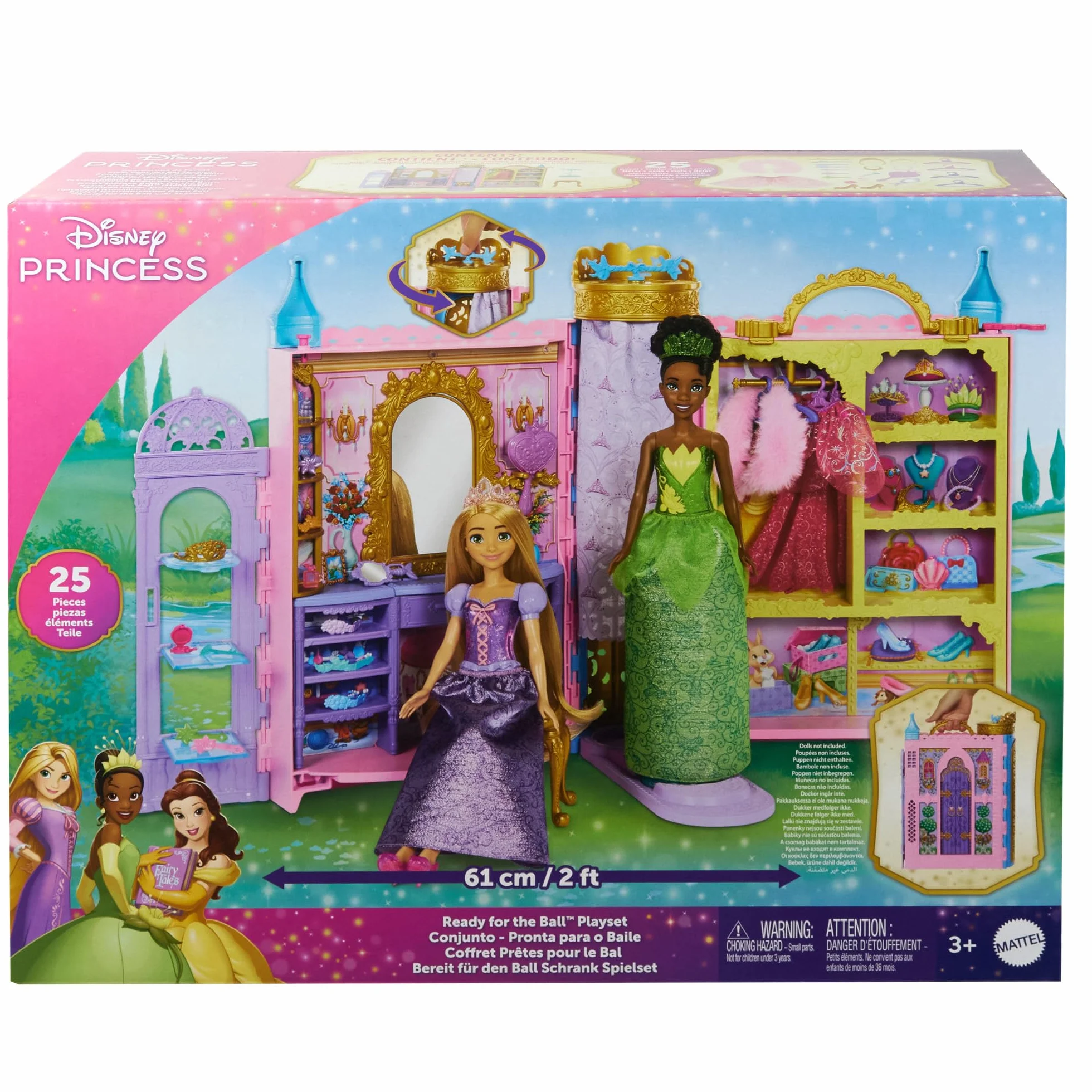 Mattel Disney Princess - Guardaroba da Favola, playset armadio apribile fino a 60cm con 2 abiti e 25 accessori, specchiera, camerino e passerella inclusi, giocattolo per bambini, 3+ anni, HXC20