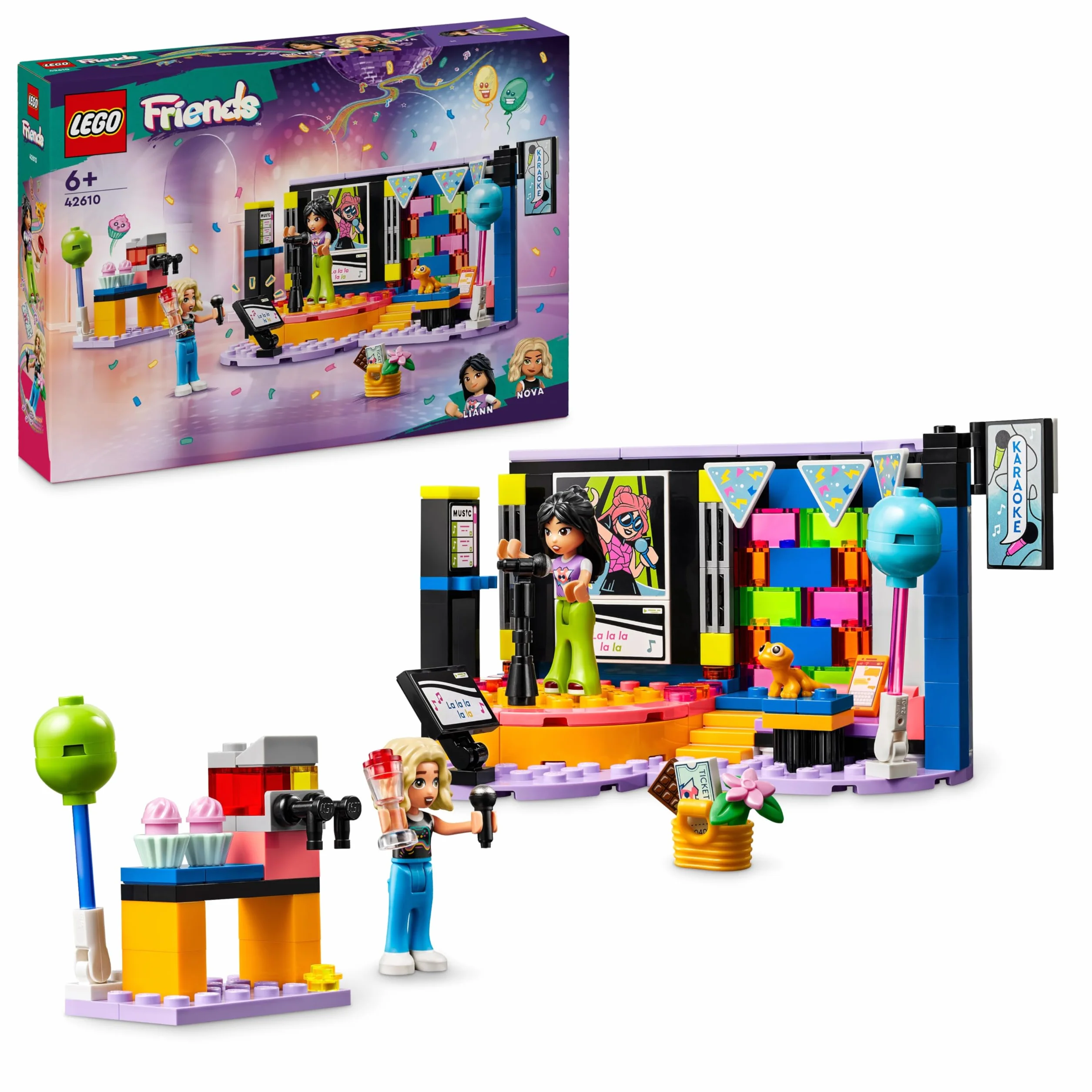 LEGO Friends Karaoke Party 42610, Giochi Musicali per Bambini 6+ con Palco Girevole, Microfoni, Mini Bamboline Liann e Nova, Figura Geco