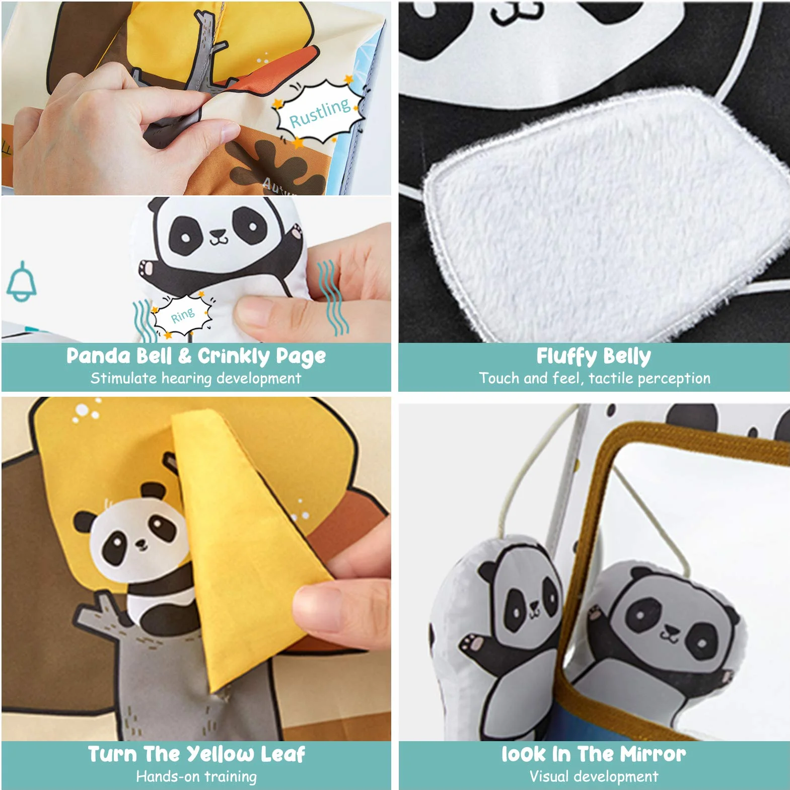 beiens Libri Tattile Sensoriali Stoffa Neonati, Giocattoli a Specchio per Bambini, Panda Giochi Montessori Neonato 0 3 6 12 Mesi, Tummy Time Libro sensoriale Bianco e Nero Passeggino Educativi Regali