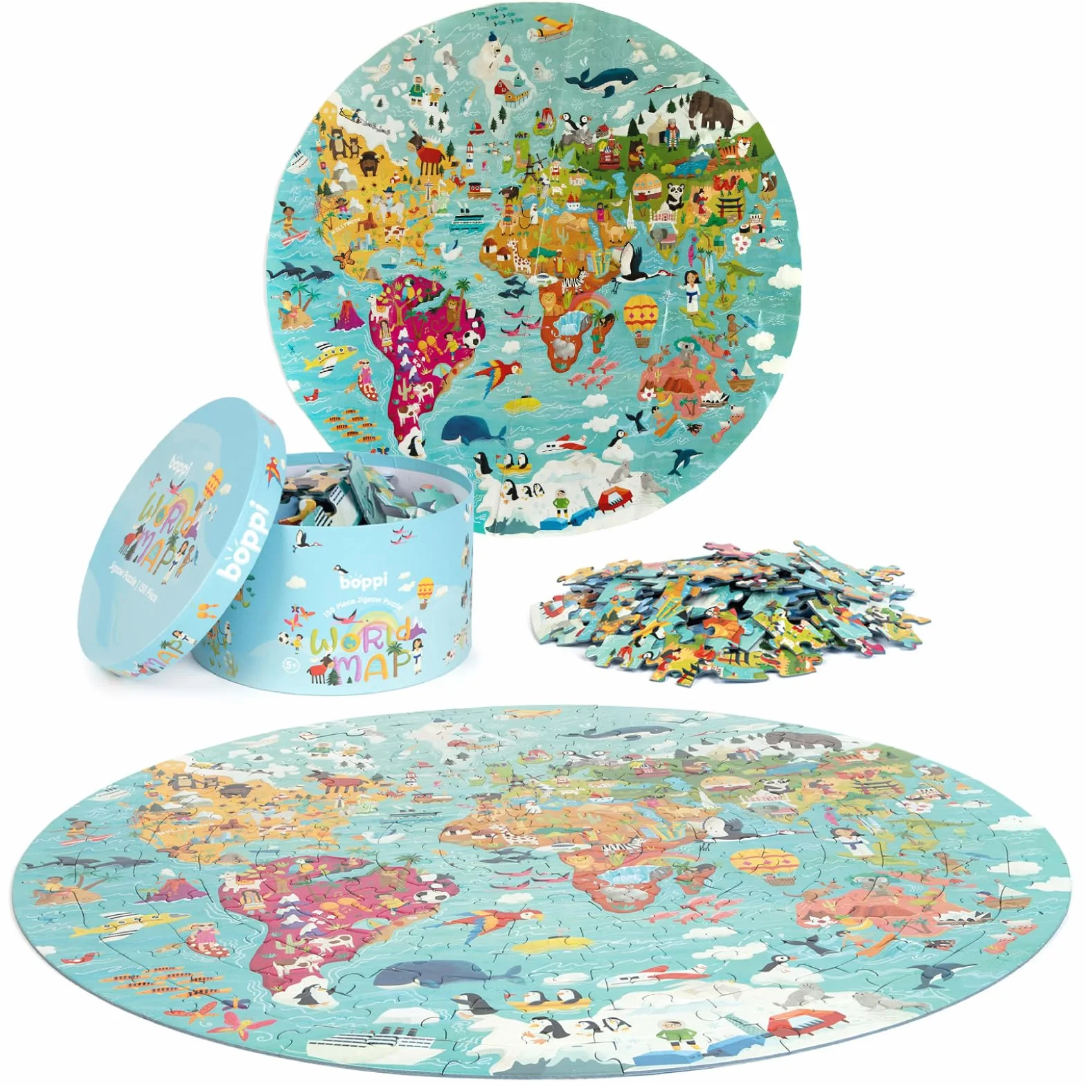Boppi Mondo Puzzle Con Animali - 150 Pezzi Per Bambini da 5 a 8 Anni - Giochi Da Tavolo Con Porta Puzzle Rotondo - Diametro 58cm Ecofriendly