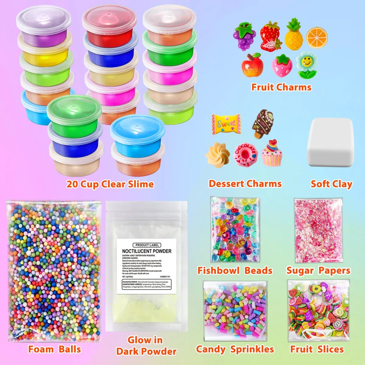 YOPINSAND 20 Colori Fai da Te Slime Kit Slime Making per Ragazze, Crystal Clear Slime, Glow in the Dark Slime con Sfere di Schiuma Aggiuntive, Charms, Glitter, Giocattolo Regalo per Bambini