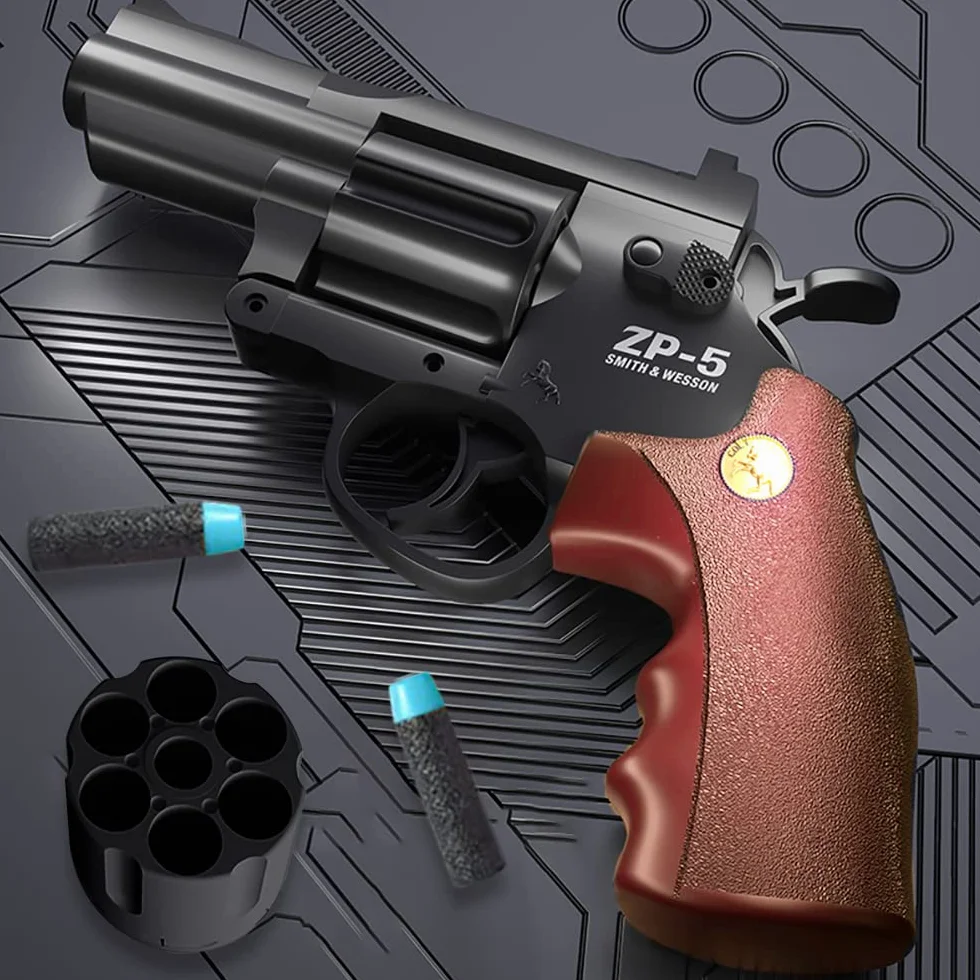 Revolver Giocattolo,Revolver per Bambini,Pistola Giocattolo,Con 24 Proiettili EVA,per Bambini 7 anni + il gioco all'interno e all'aperto,Regali per bambini (Marrone)