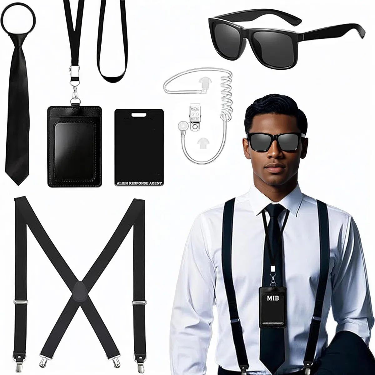 Agente Accessorio per Costume, Agente Costumes Accessori, Servizio Segreto Costume Set Spy Costumes Accessori Con Occhiali Da Sole Neri Zip Tie Earpiece Id Card Holder per Uomini Donne Bambini