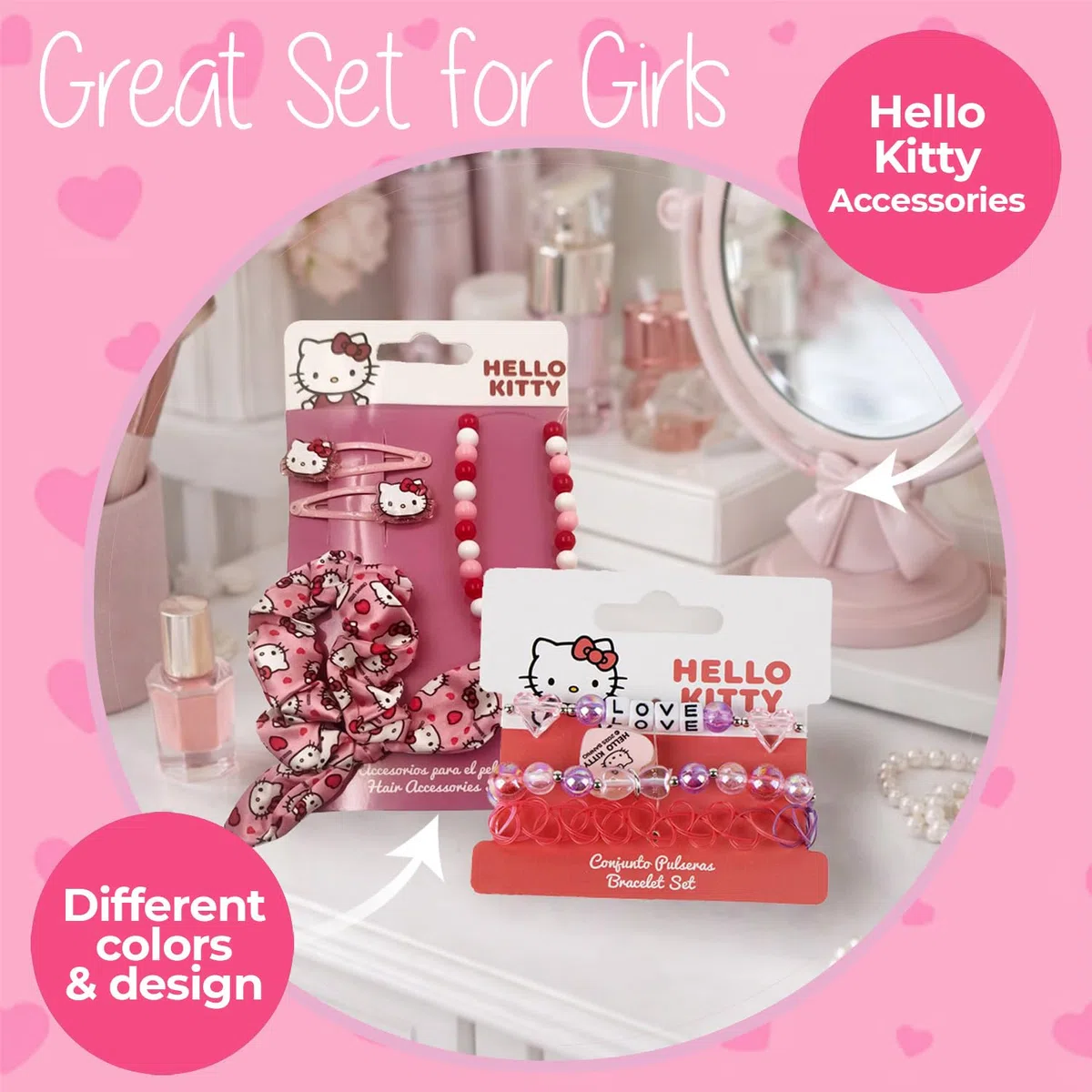 Hello Kitty - Set di gioielli e accessori per capelli da ragazza, 2 bracciali, collane con perle, tiranti e pinze, set moda per bambini, idea regalo per ragazza Hello Kitty