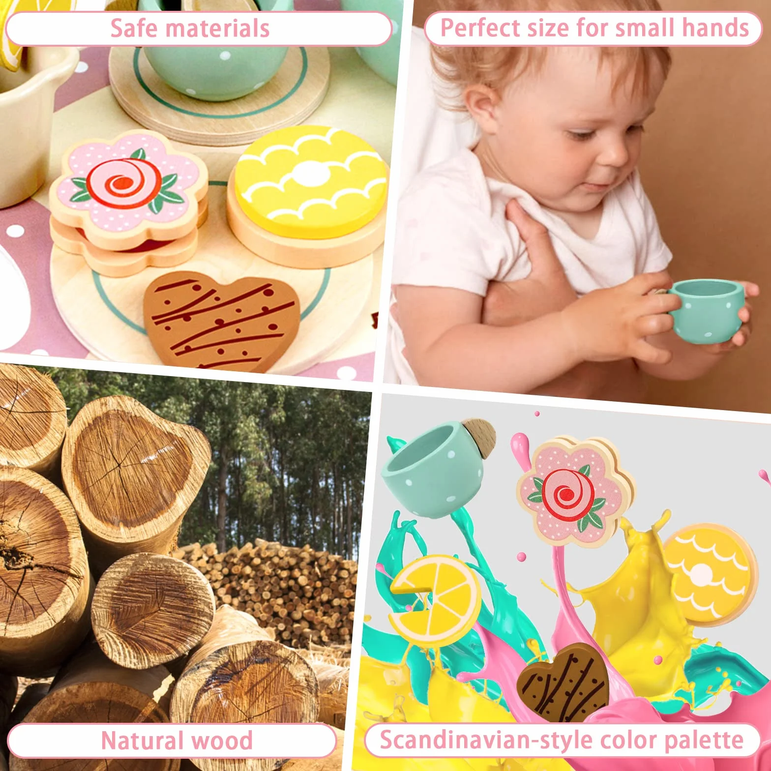Airlab Set Tazzine Gioco per Servizio da Tè, Accessori Cucina Giocattolo Legno per Bambina Bambini, Set Cibo Finto Giocattolo per Cucina Bambini, Regalo Bambino Compleanno Pasqua Halloween Natale