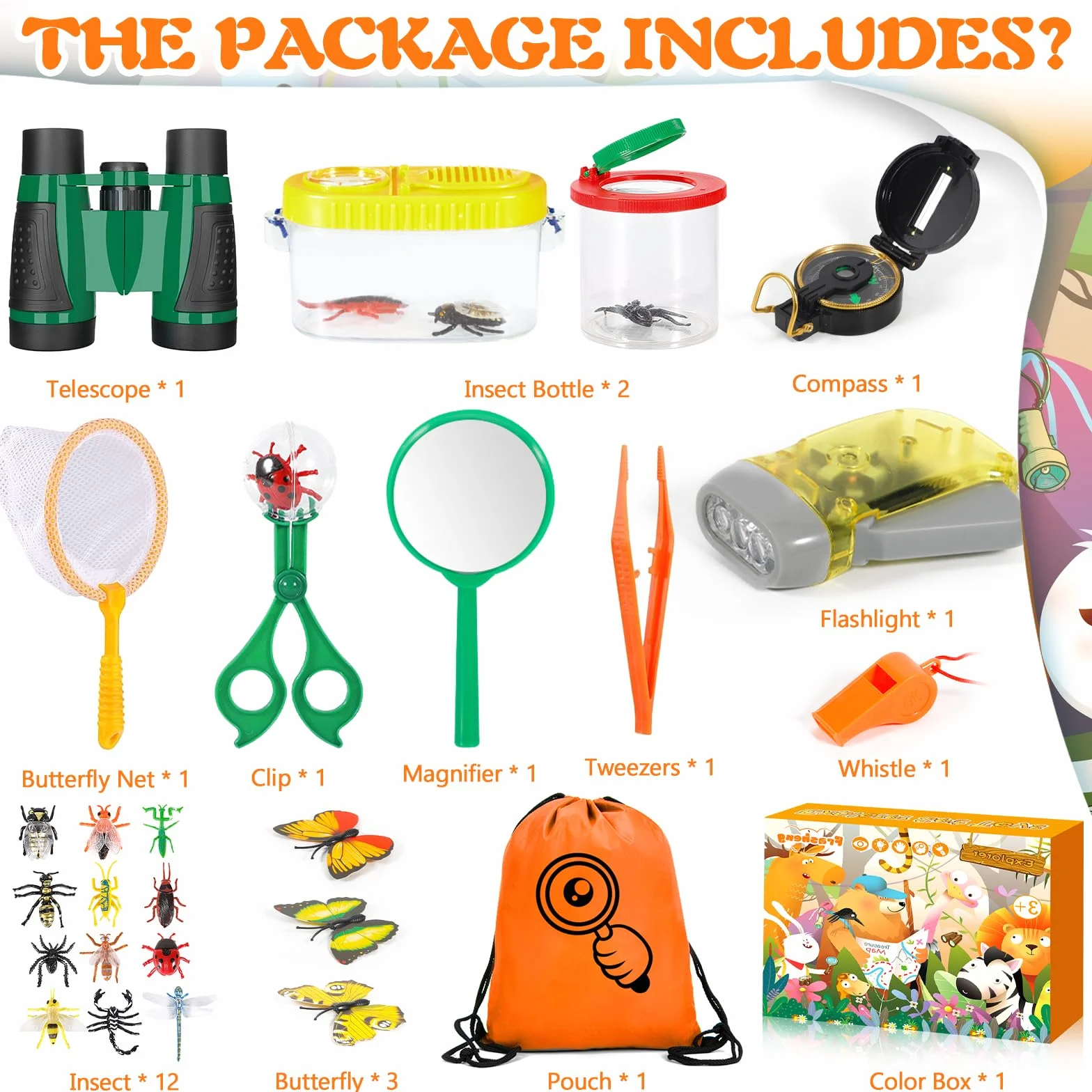 Frasheng Set di giocattoli da esploratore esterno, binocolo per bambini 28 pezzi Set da esploratore per bambini avventuriero,Giocattoli da regalo incl pinzette, Bussola, Fischio, Lente d'ingrandimento