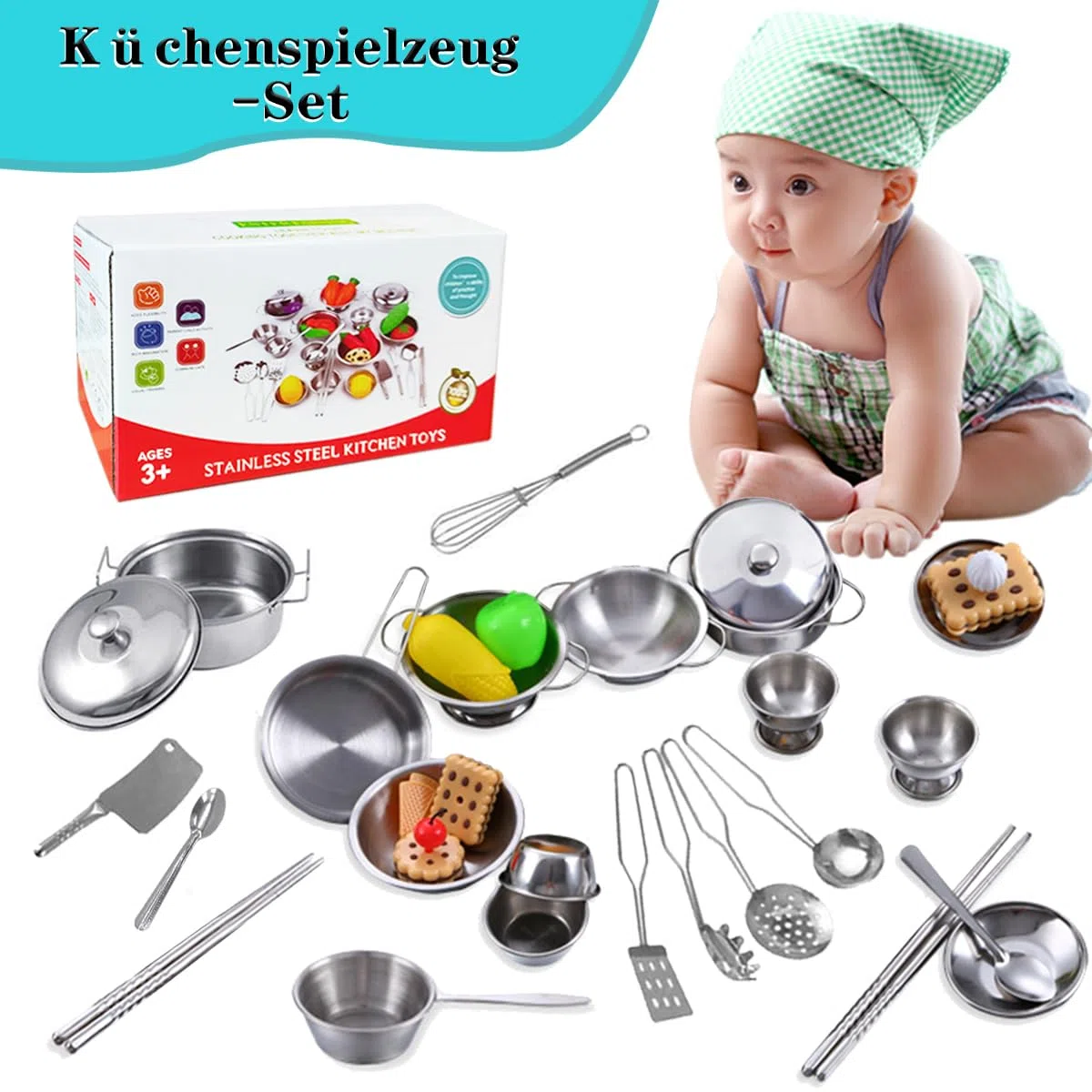 Set di 25 accessori per giocattoli da cucina per bambini, in acciaio inox, pentole e padelle per bambini, mini set da cucina classico, ottimo regalo per ragazze e ragazzi