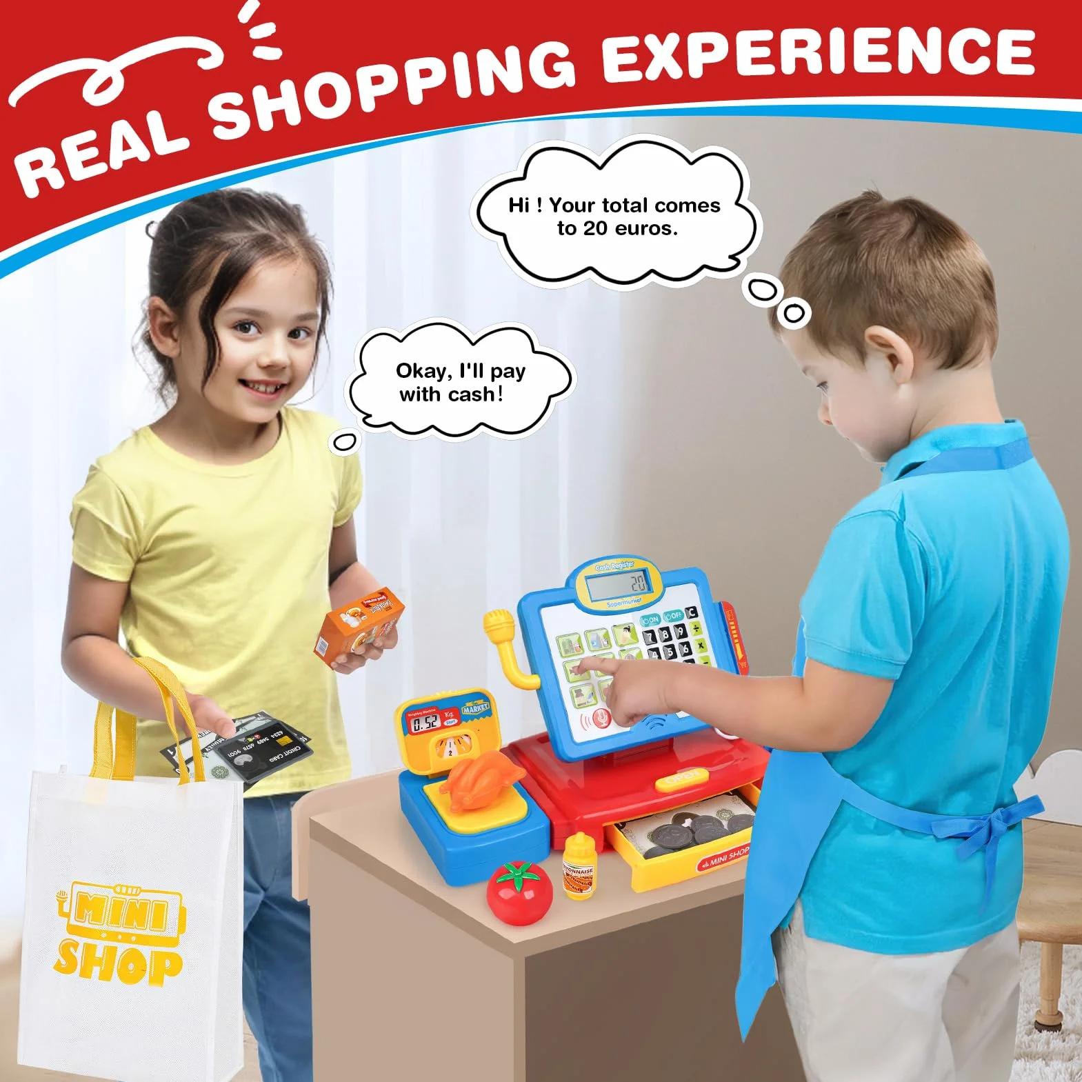 Dreamon Cassa Giocattolo per Bambini, Registratore di Cassa Supermercato Giocattolo per Bambini con Scanner Negozio Giocattoli per Giochi di Ruolo Regali di Natale per Ragazzi e Ragazze 3 4 5 6 Anni