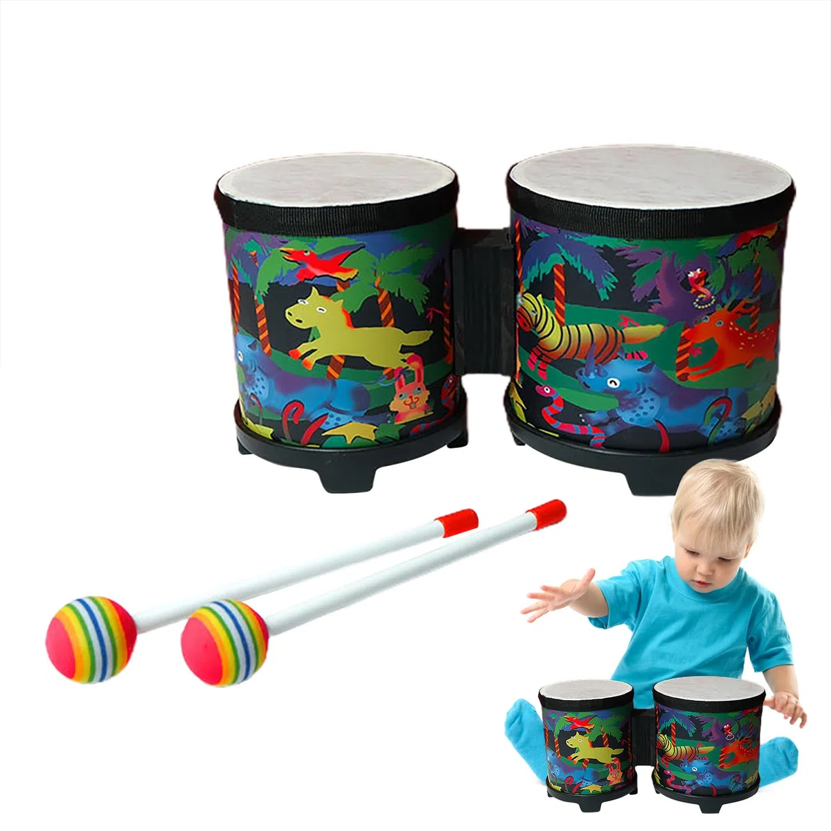 Tamburi Bongo Professionali In Legno Per Bambini E Adulti - Strumento Musicale A Percussione Con Supporto, 2 Bacchette Colorate, Set Di Tamburi Bongo Realizzati A Mano | Ideale Per Insegnamento E Intr