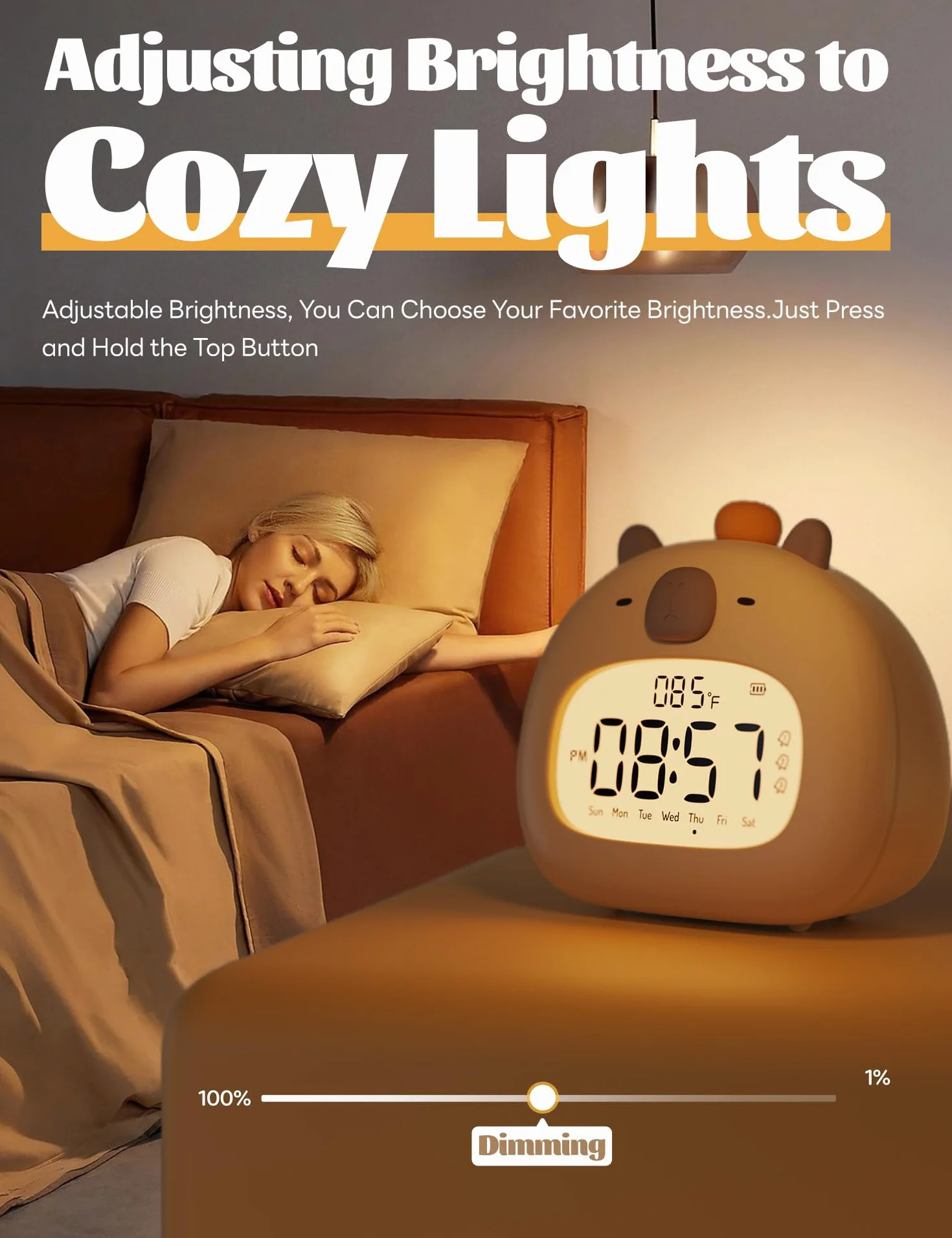 IHALO Capibara Sveglia Bambini, Comodino con Luce Notturna, Display Digitale LED 3,15 Pollici, Tre Allarme, Modalità Weekend, Data, Ora, Temperatura, Ricaricabile, Decorazione Cameretta per Bebè