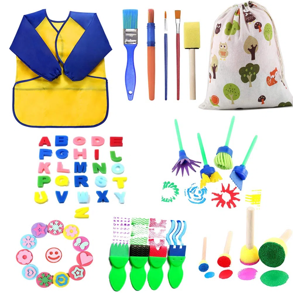 Kit di Pittura per Bambini,57 Pezzi Early Learning Kids Set di Pittura tra Cui spugnetta, Pennello per Fiori, Set di pennelli, Grembiule Impermeabile a Manica Lunga e 26 Lettere, Borsa di stoccaggio