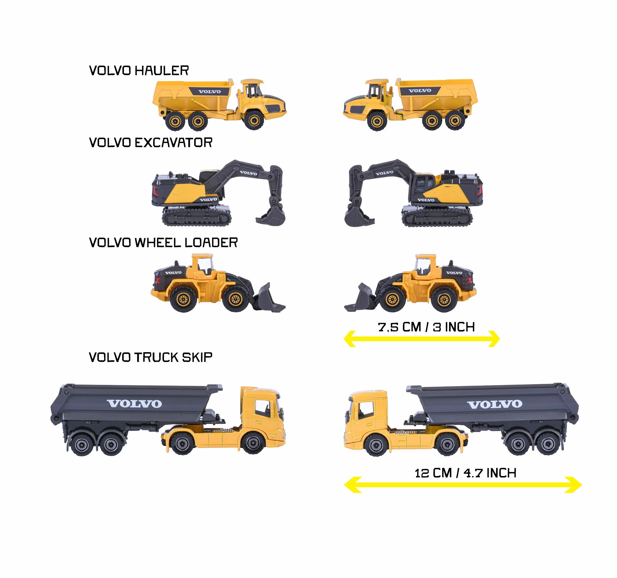 Majorette – Volvo Construction 4 Pieces Giftpack – Set Veicoli da Cantiere in Metallo, 4 Mezzi da Costruzione con Parti Mobili, 8503105000S06, Giocattolo per Bambini dai 3 Anni in su